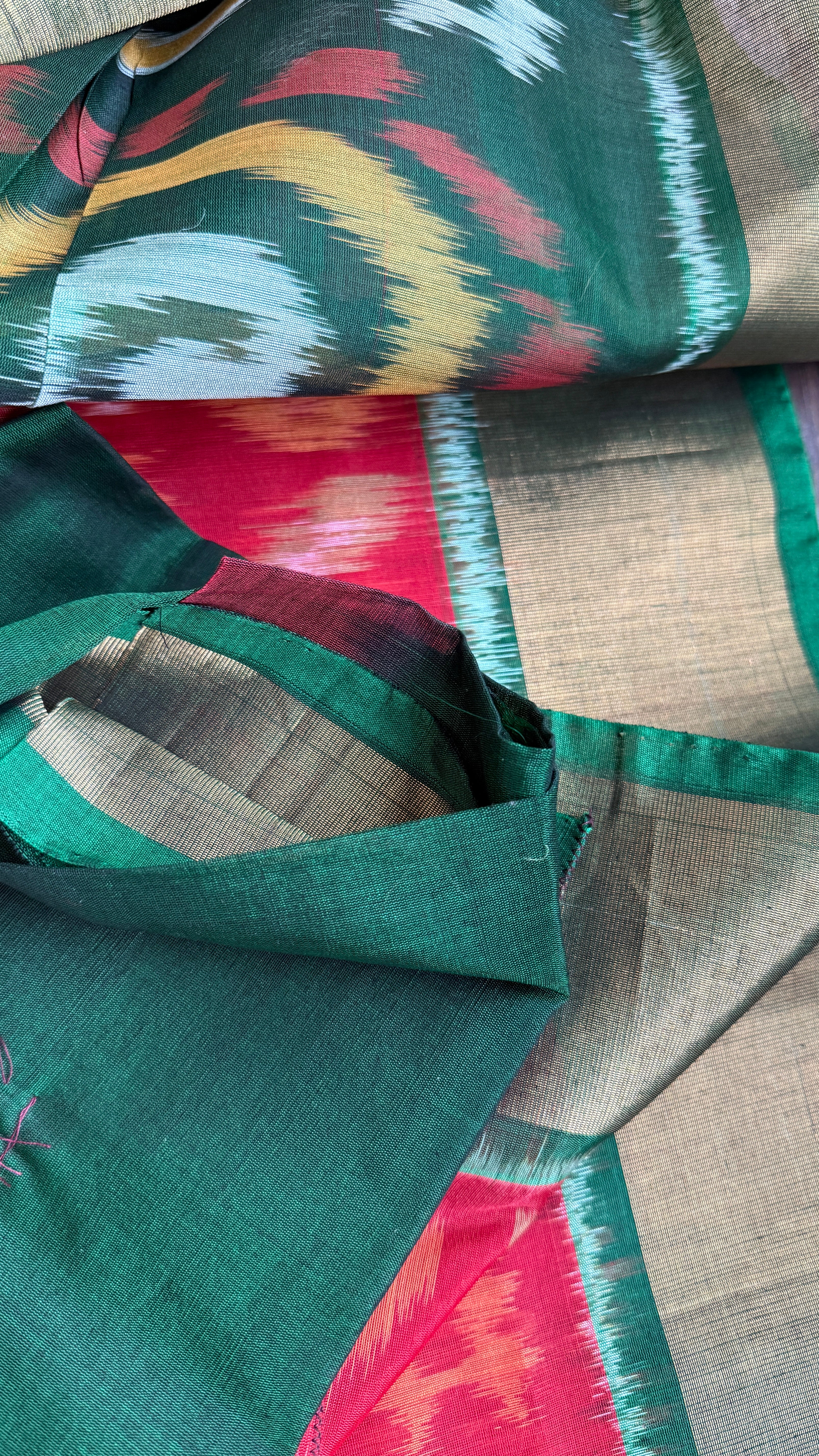 Pure Cotton Silk Ikat - Red Green