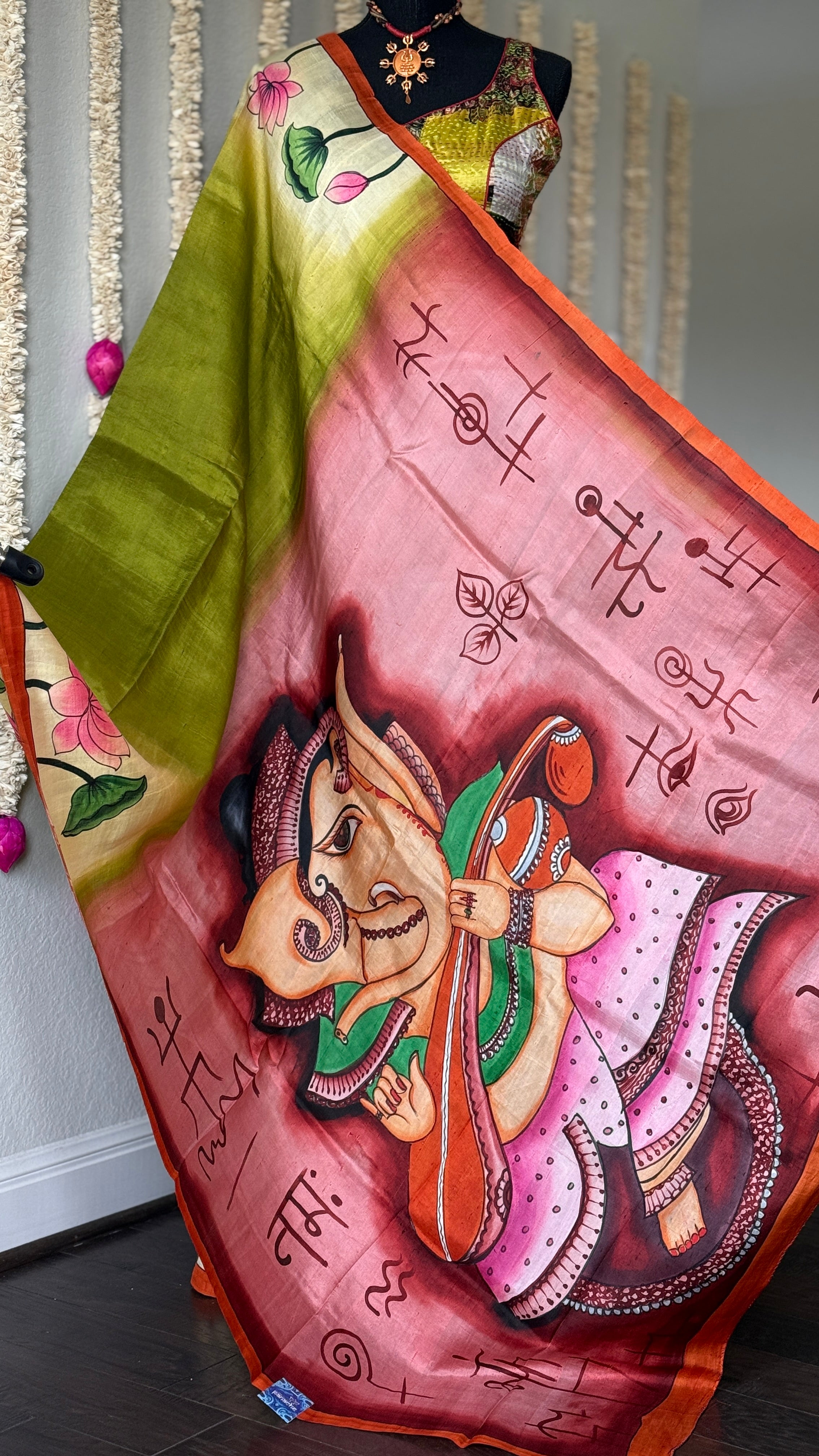 Hand Painted Tussar Silk - Mehendi Green Ganesha