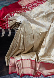 Pure Katan Silk Banarasi - Golden Beige Red Kadwa woven