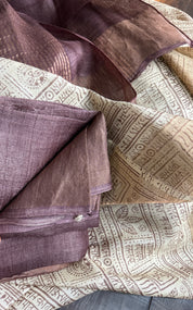 Pure Tussar Silk Script Printed -  Tan Beige Brown