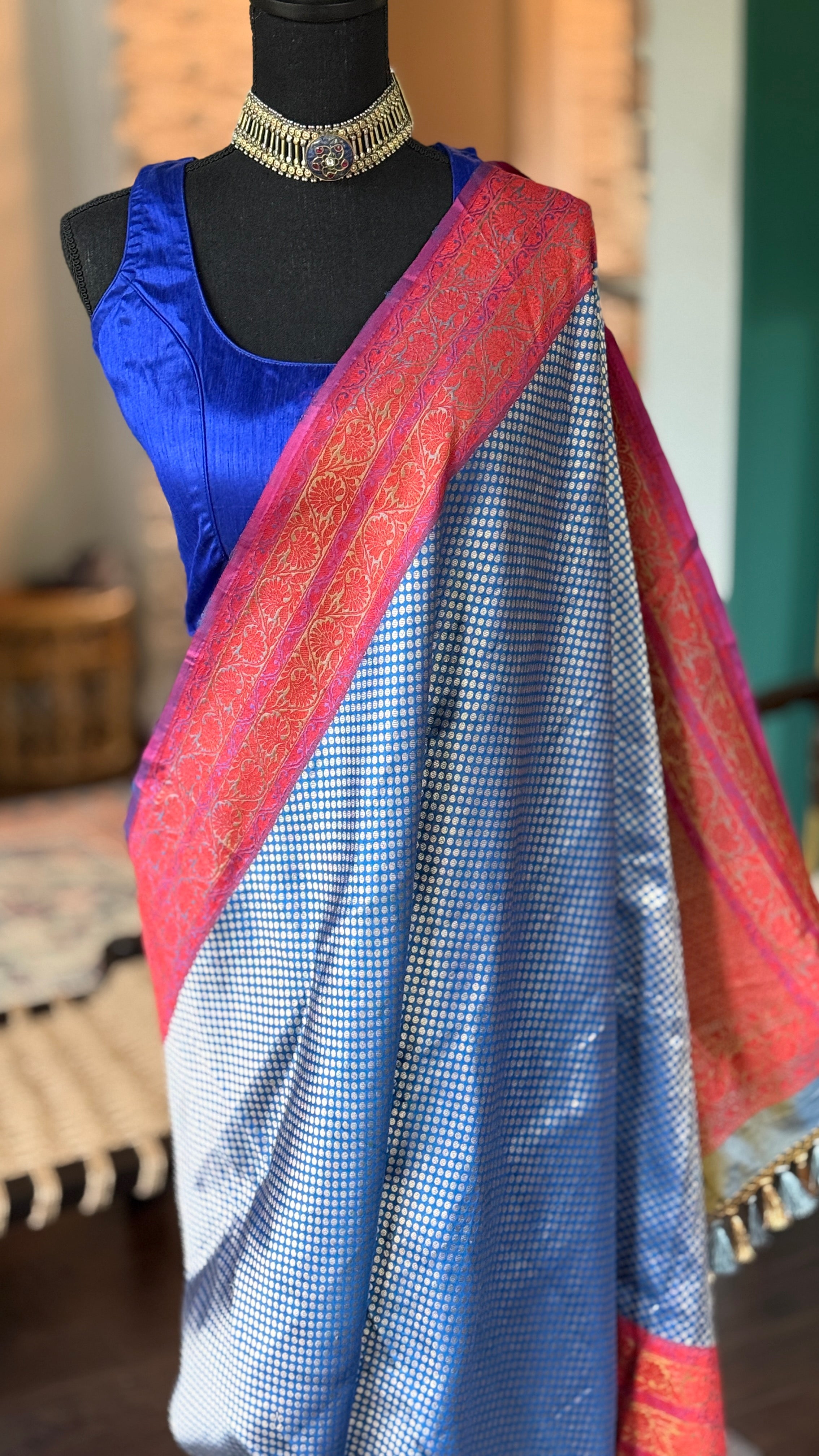 Pure Silk Brocade Banarasi - Blue Red