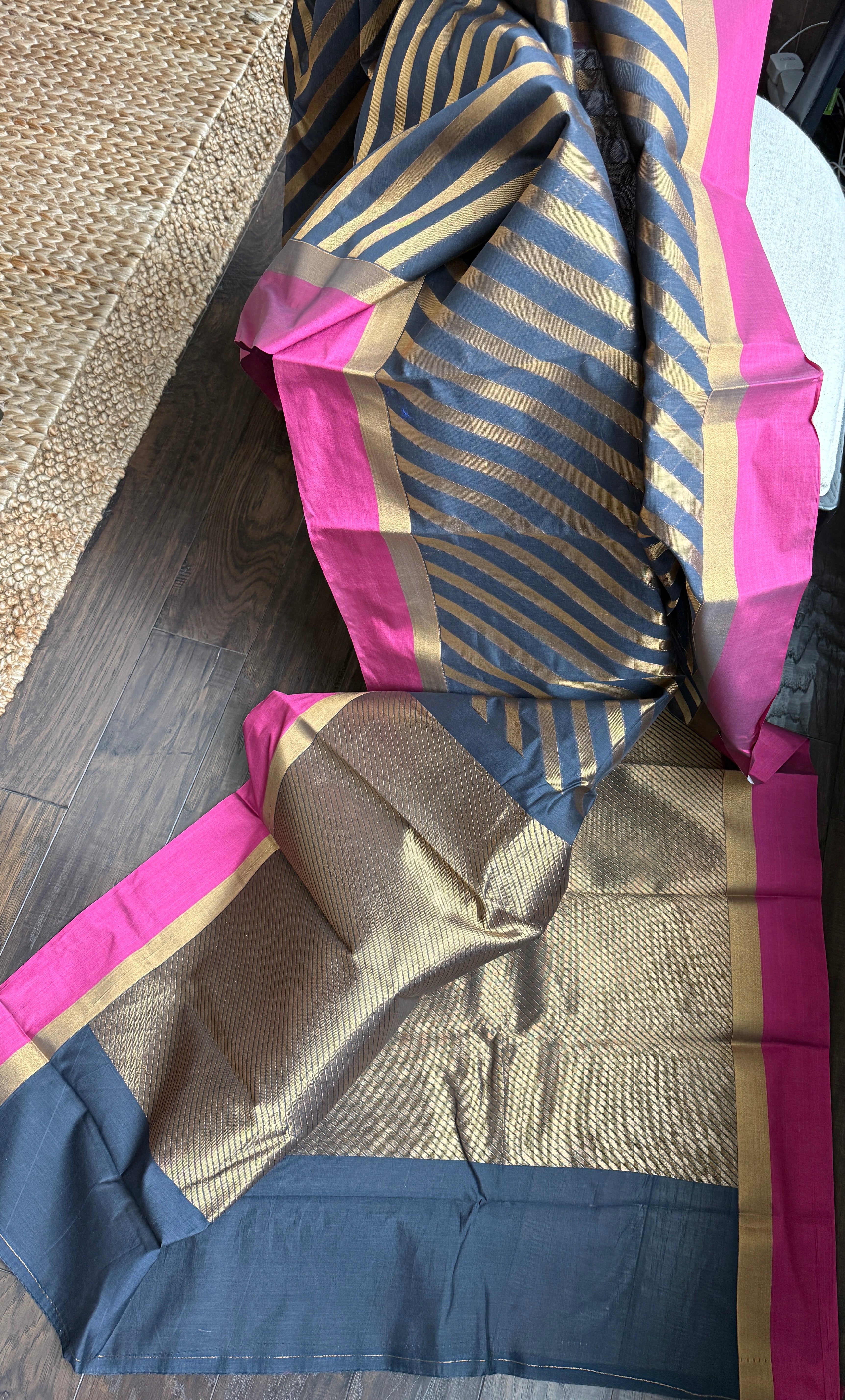 Cotton Silk Banaras Chanderi - Black Magenta