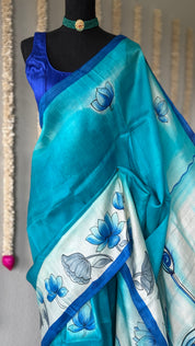 Hand Painted Tussar Silk - Firozi Blue Ganesha