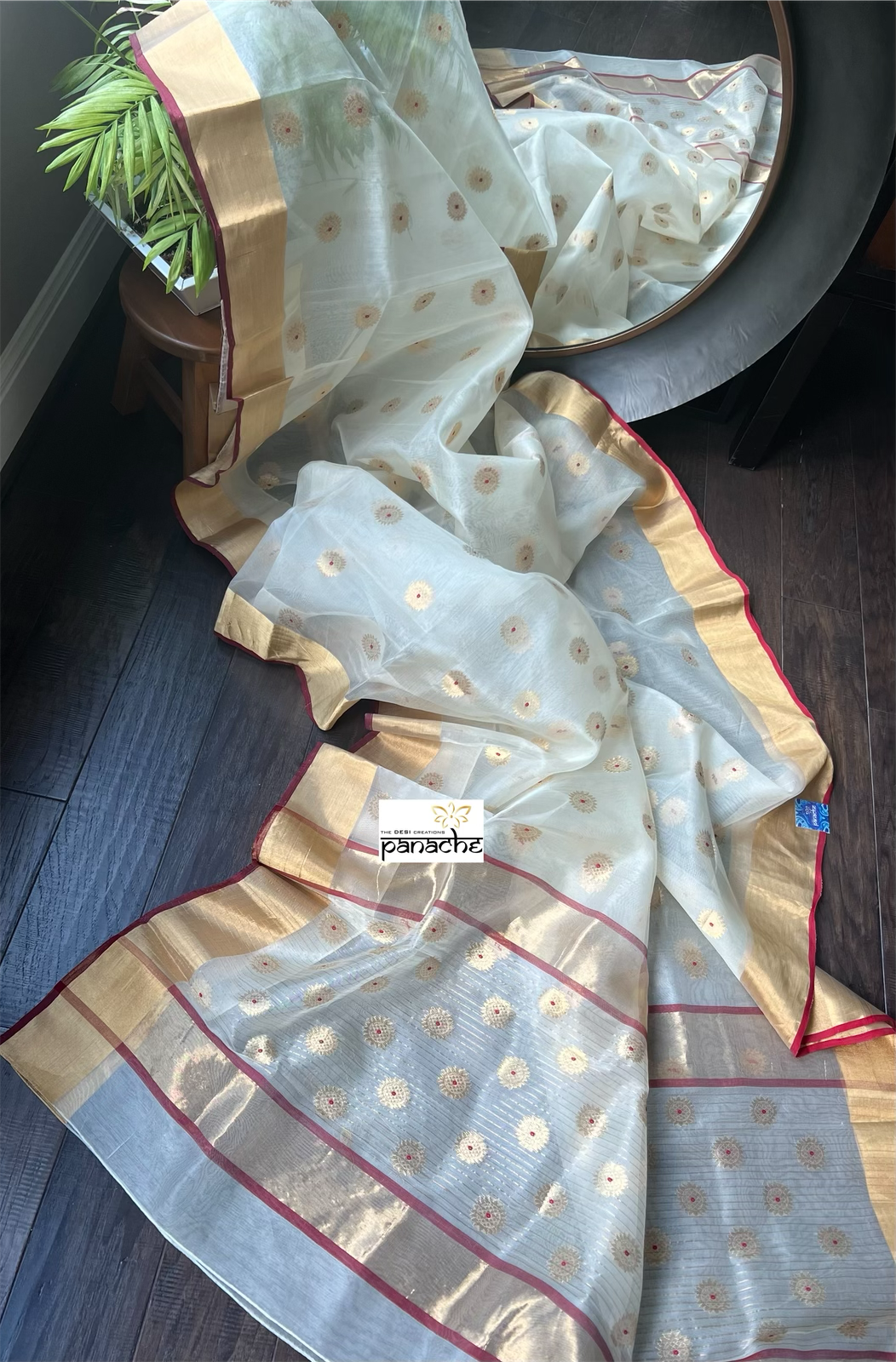 Pure Chanderi Organza Silk - Beige Golden Red Iknaliya