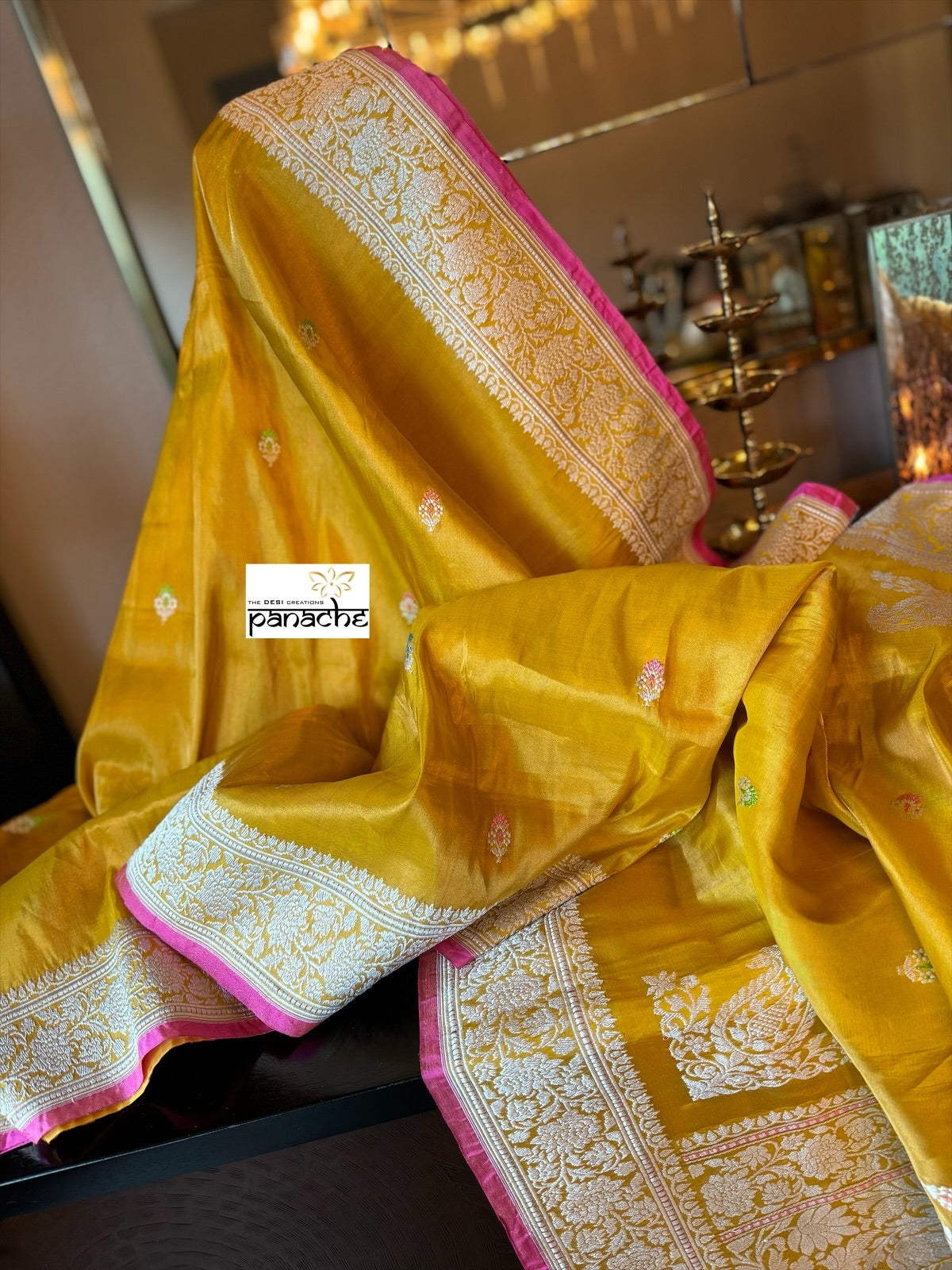 Pure Tissue Katan Silk Banarasi - Yellow Pink Woven
