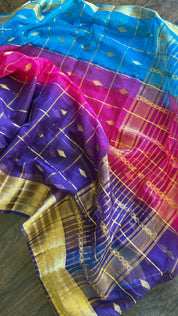 Soft Dupion Cotton Saree - Firozi Pink Purple