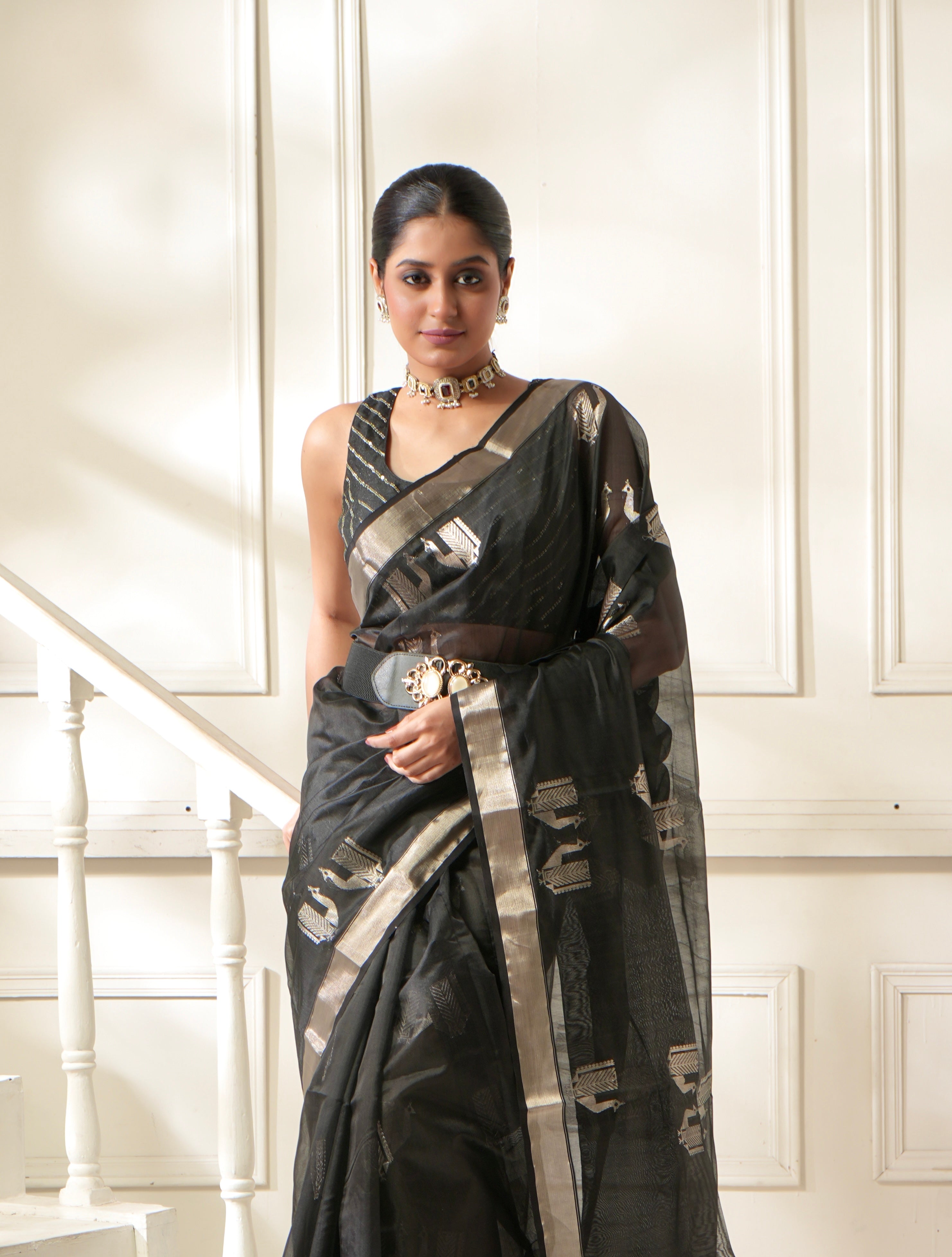 Pure Chanderi Pattu Silk - Black Silver Peacock