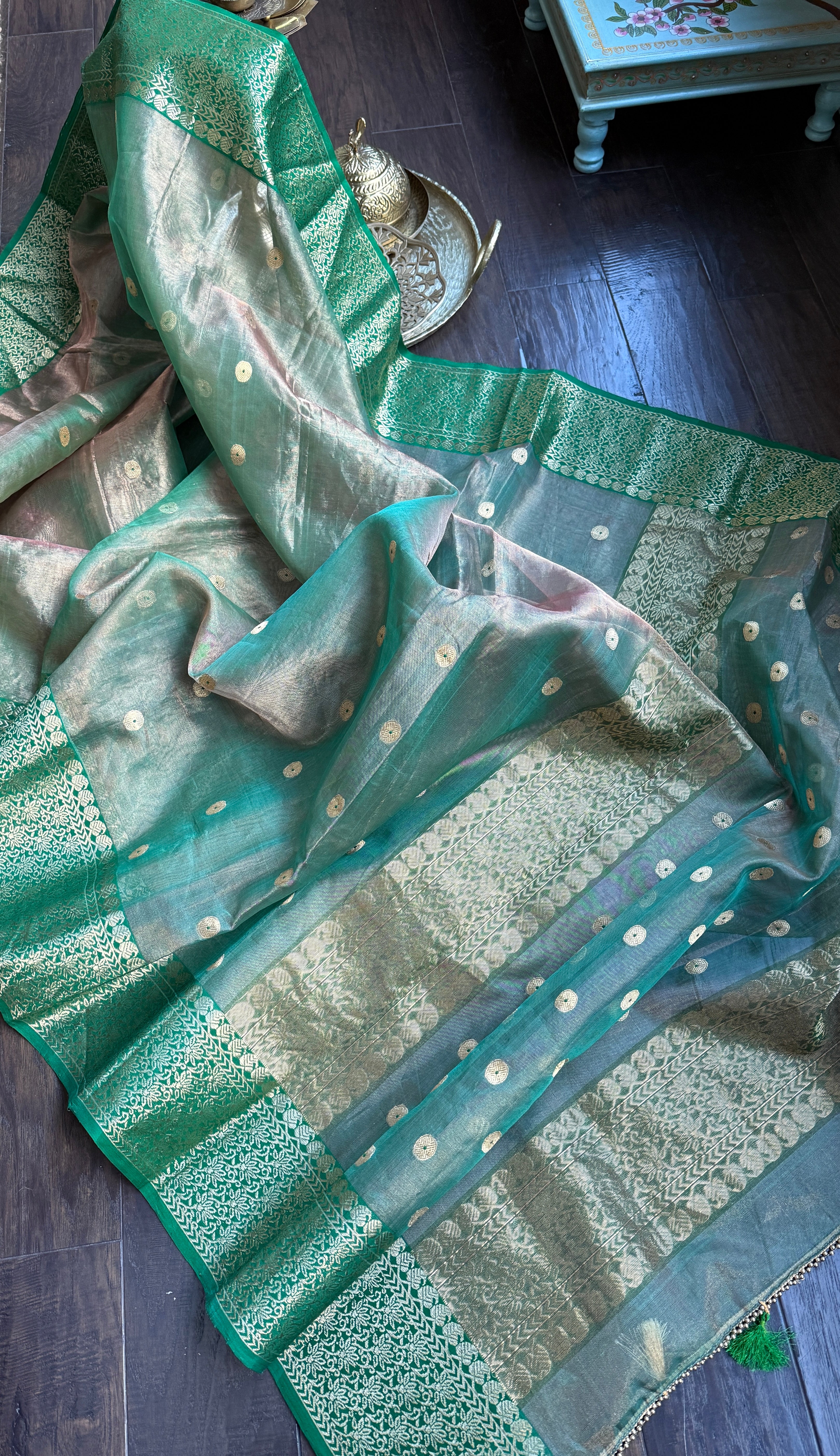 Tissue Chanderi Silk - Green Golden Zari