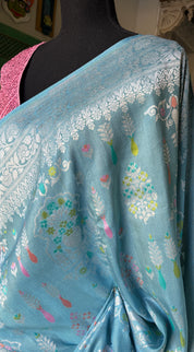 Tussar Silk Banarasi- Light Firozi Blue Silver Zari
