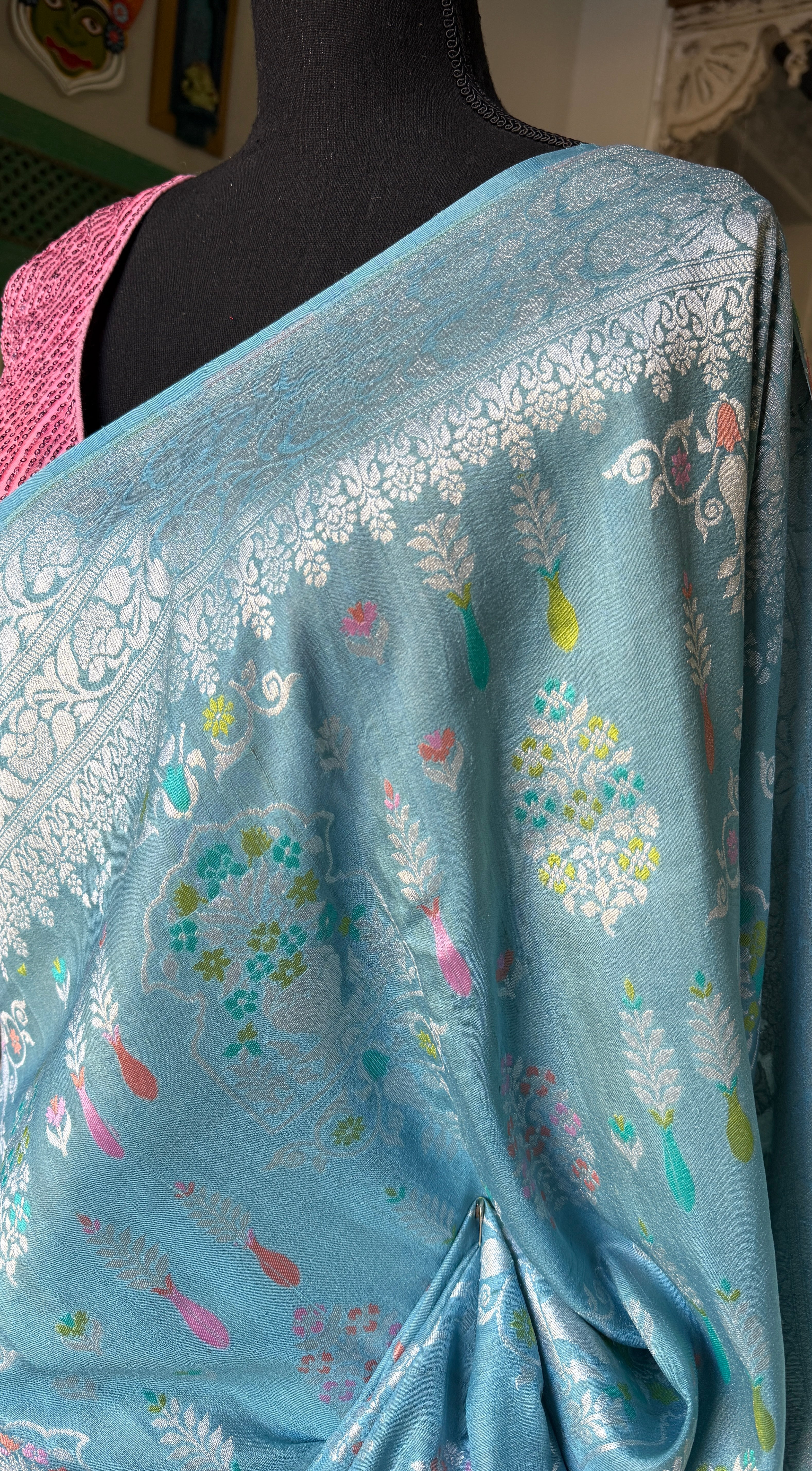Tussar Silk Banarasi- Light Firozi Blue Silver Zari