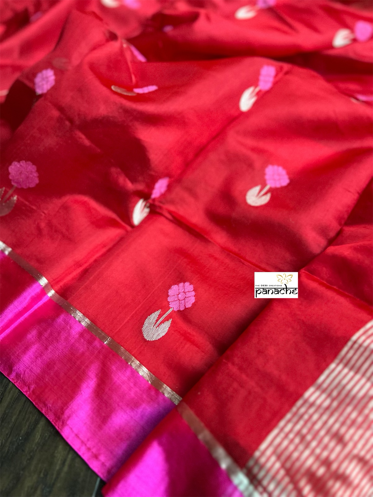 Pure Chanderi Pattu Silk - Red Magenta Pink Iknaliya woven