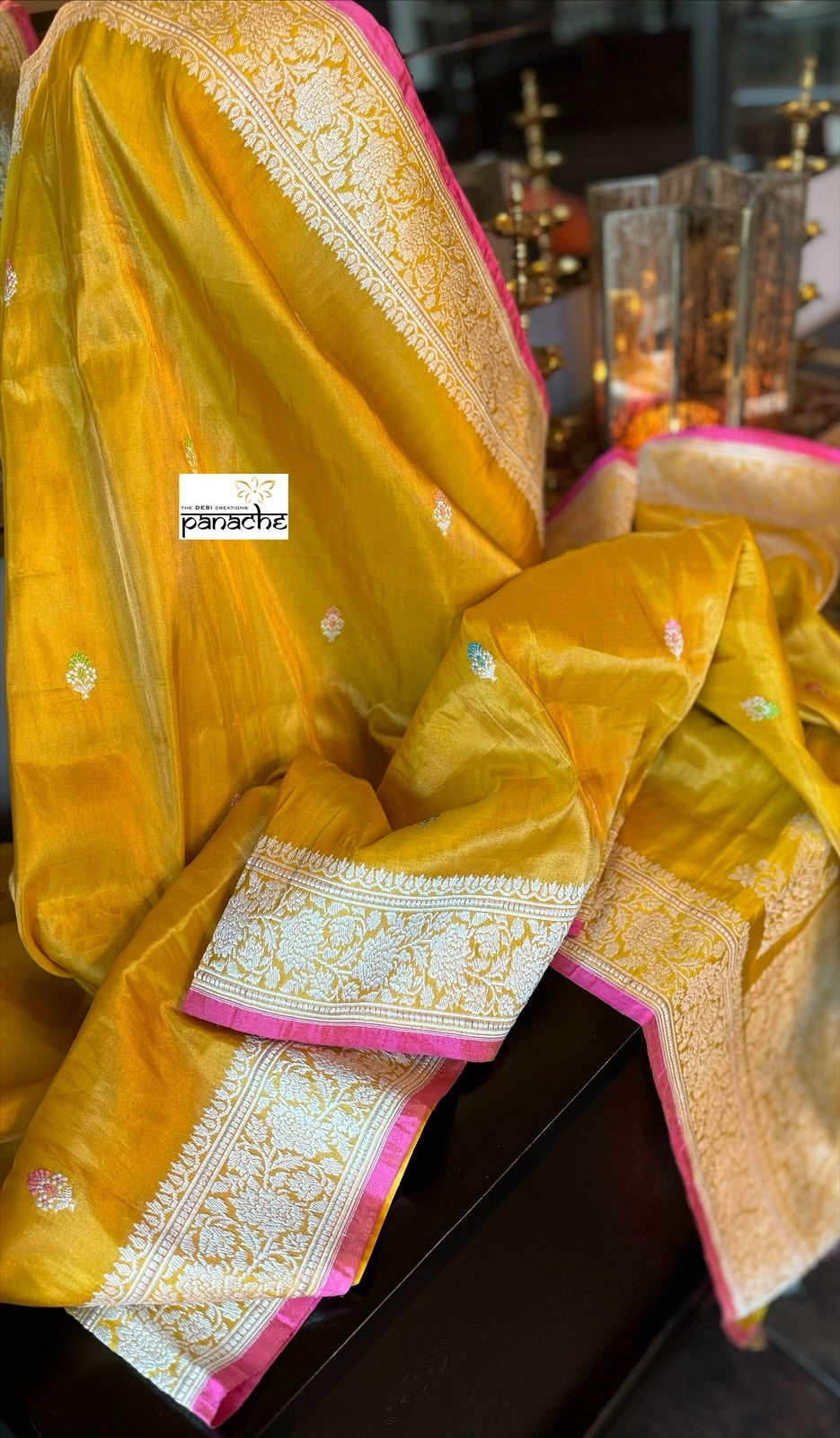 Pure Tissue Katan Silk Banarasi - Yellow Pink Woven