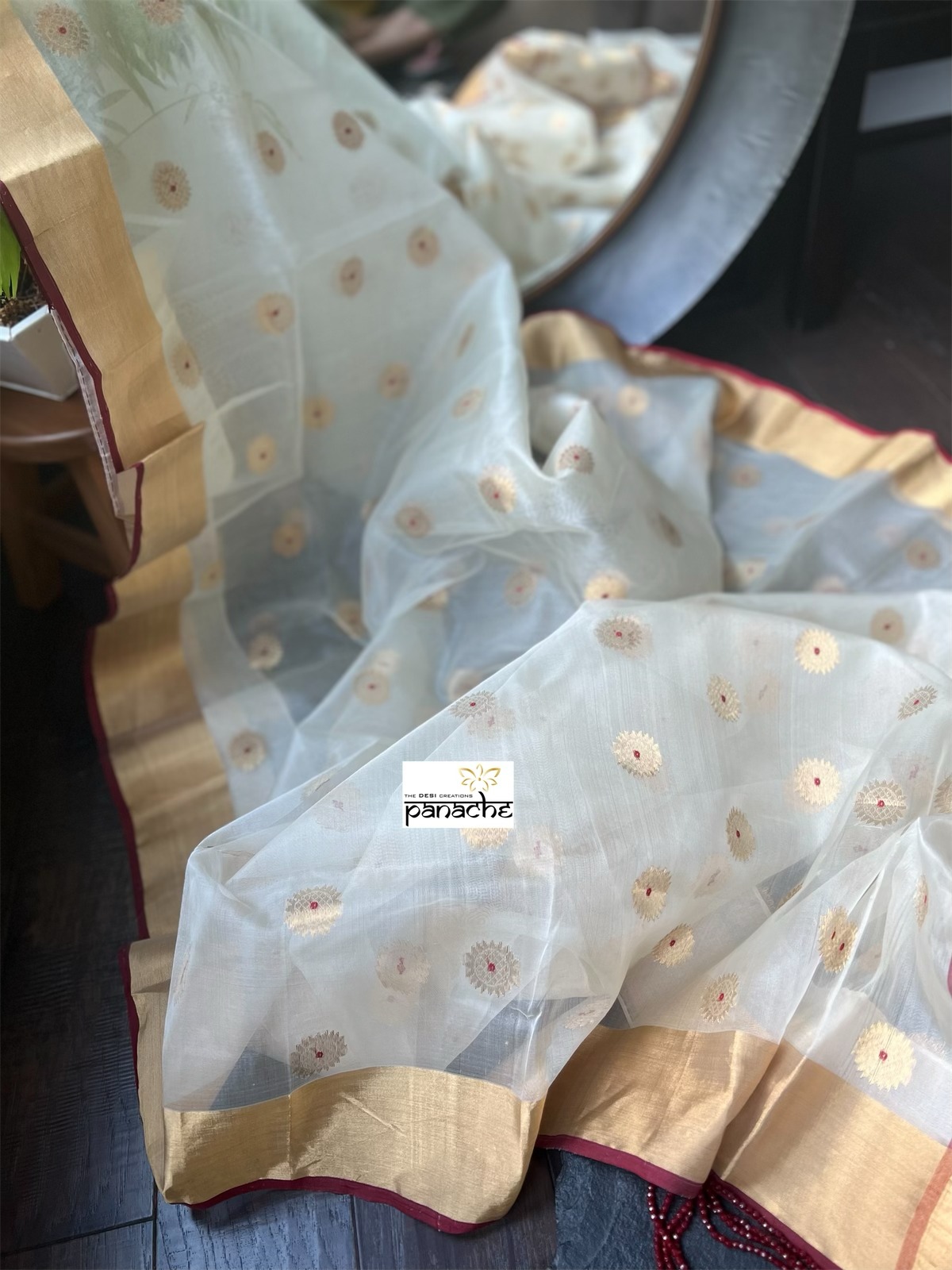 Pure Chanderi Organza Silk - Beige Golden Red Iknaliya