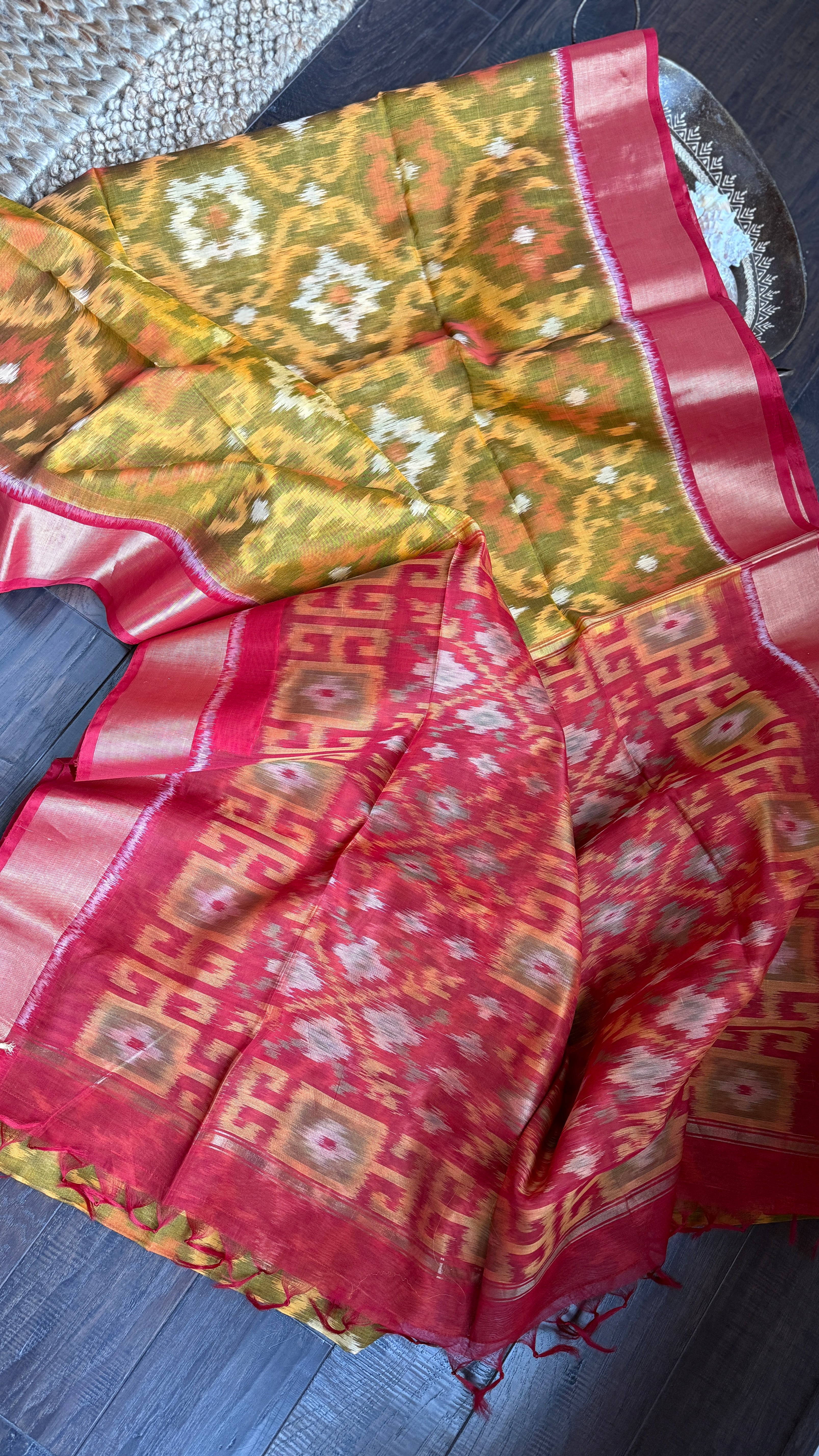 Pure Cotton Silk Ikat - Yellow Red