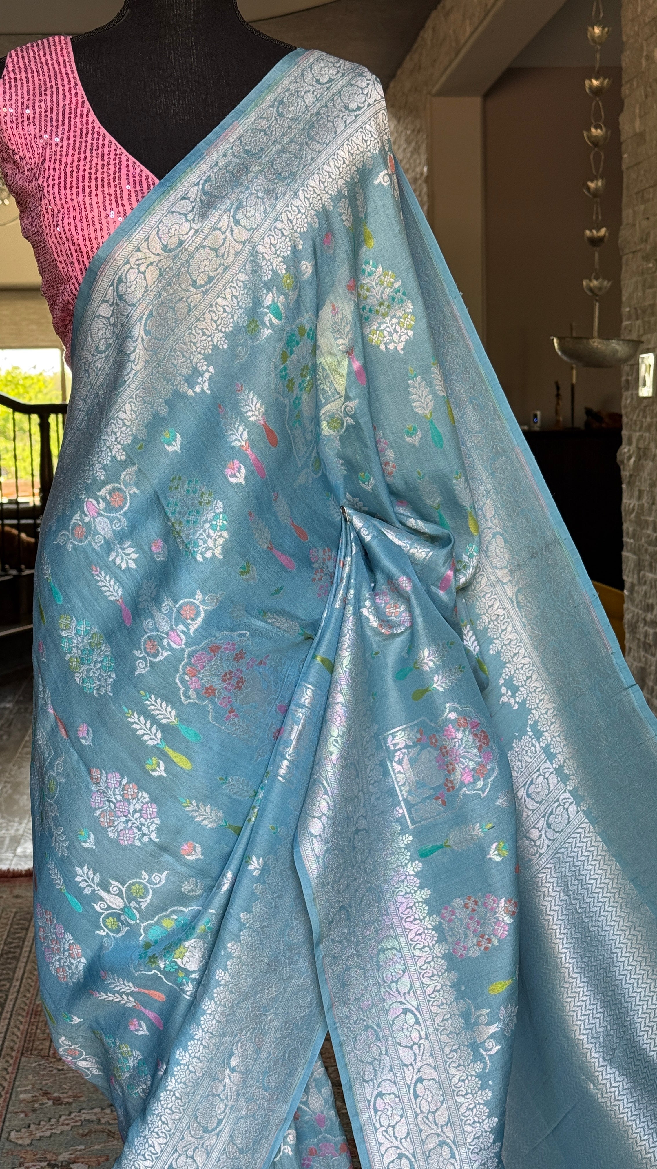 Tussar Silk Banarasi- Light Firozi Blue Silver Zari