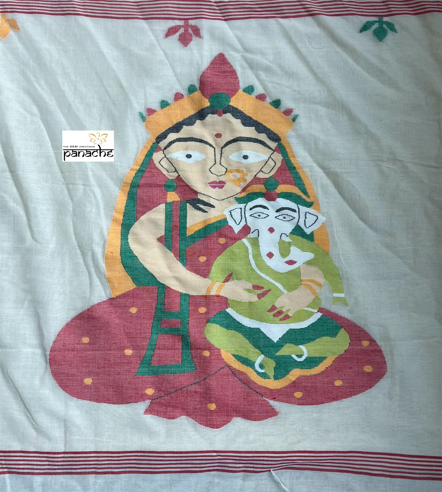 Pure Khadi Cotton - Light Butter Cream Durga Ganesha