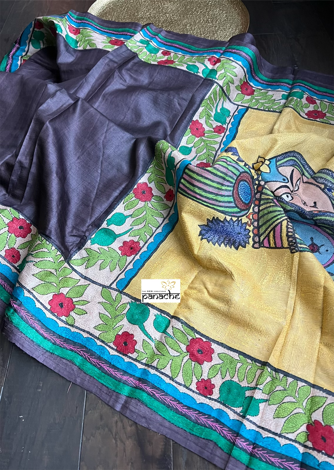 Pure Tussar Silk Sujni Kantha Stitch - Eggplant color Radha-Krishna