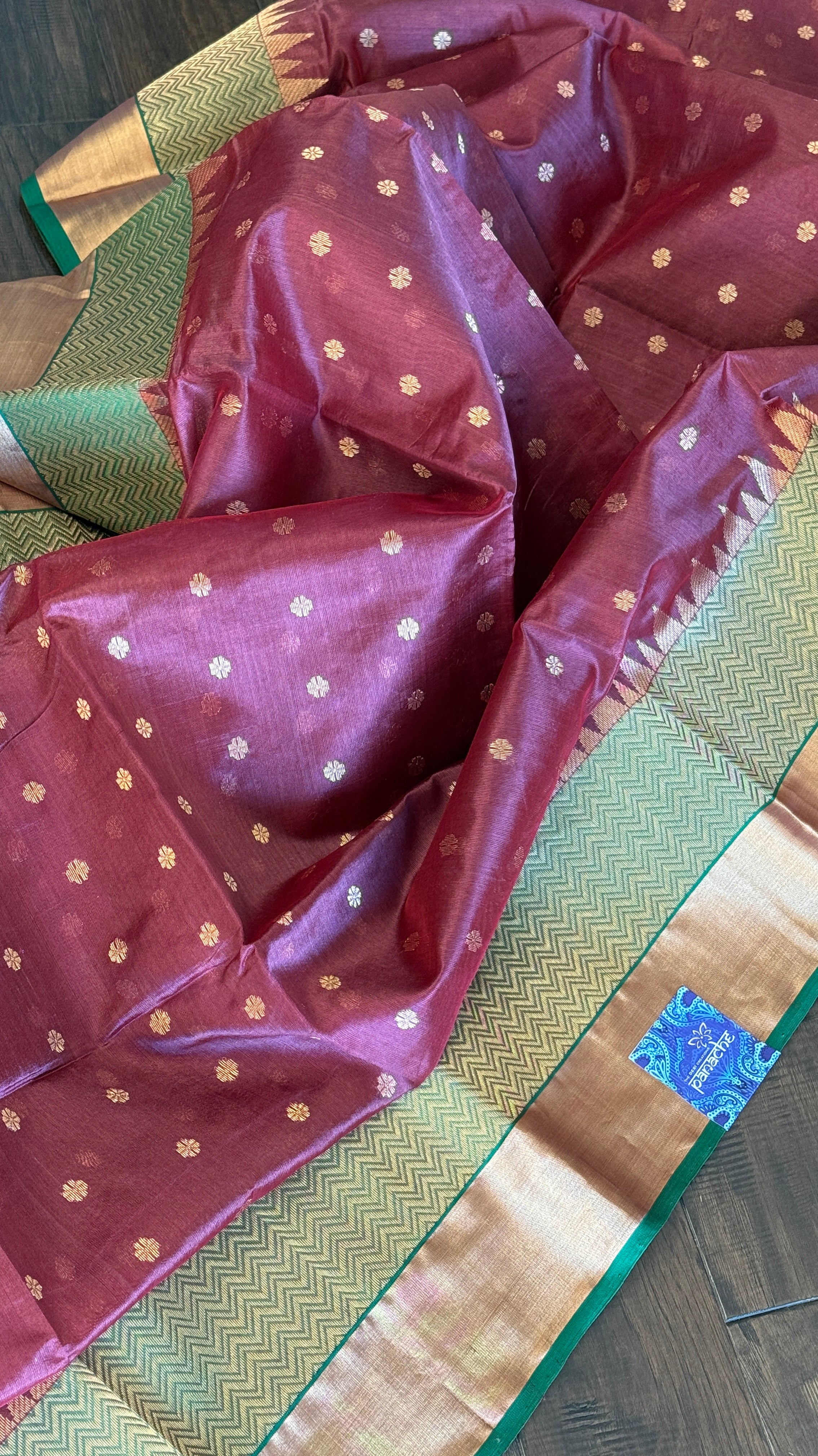 Pure Chanderi Silk - Brown Plum Green Golden Silver Zari Woven