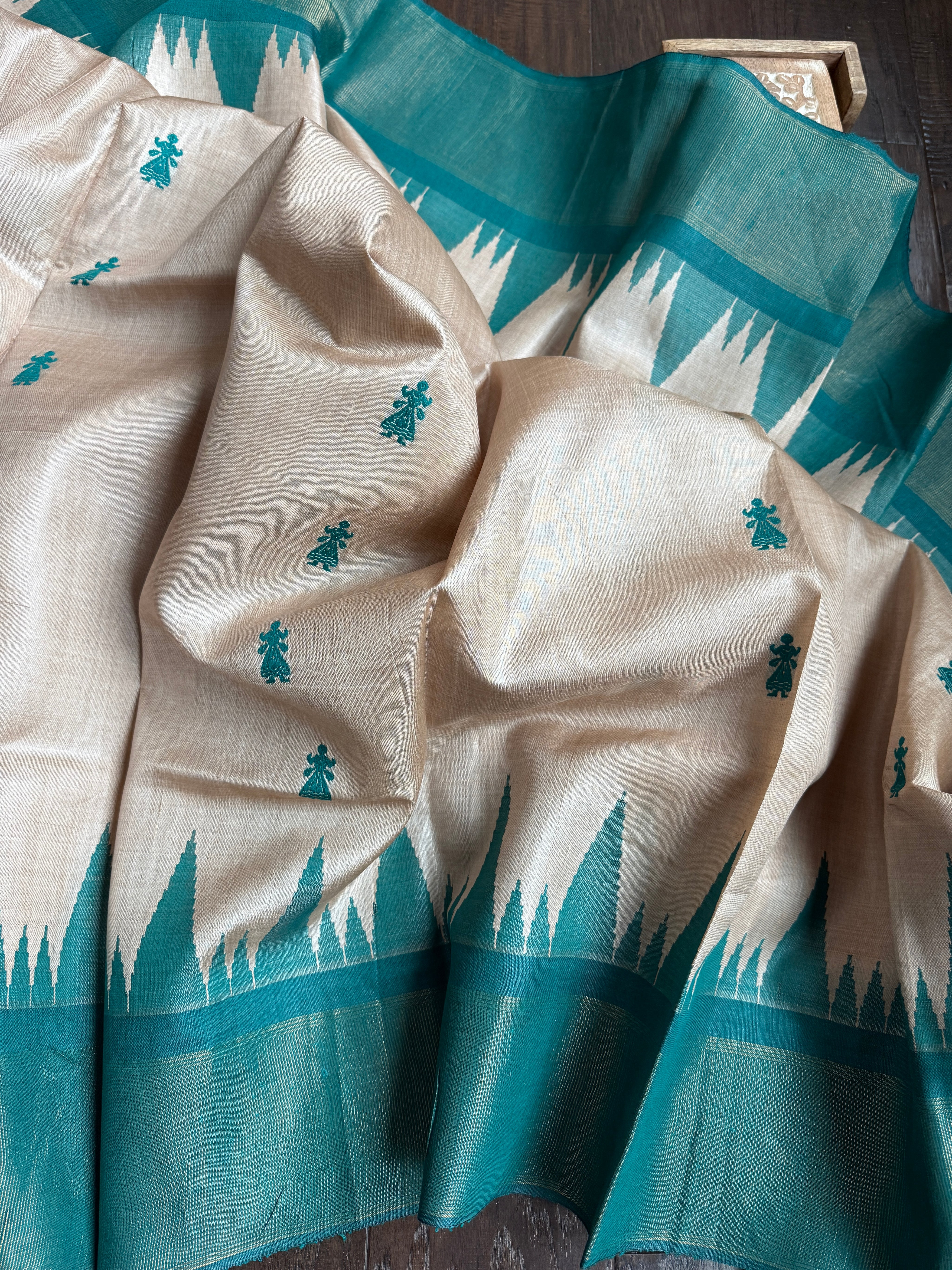 Pure Tussar Silk - Beige Teal Green