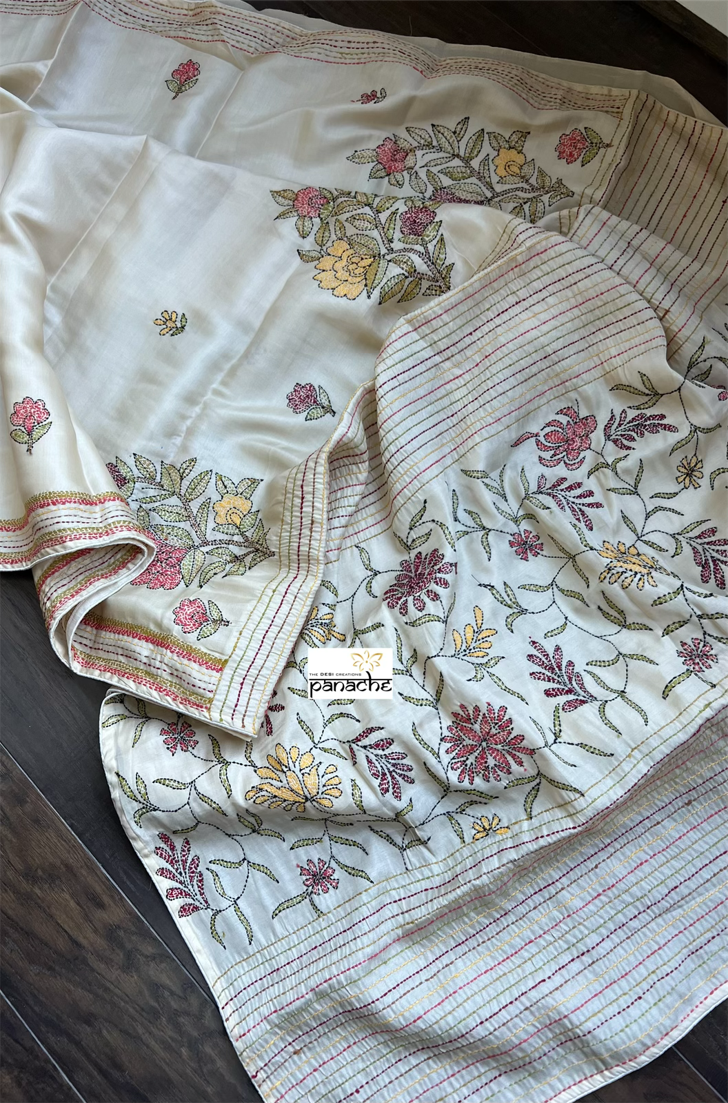 Soft Silk Kantha Stitch - Cream