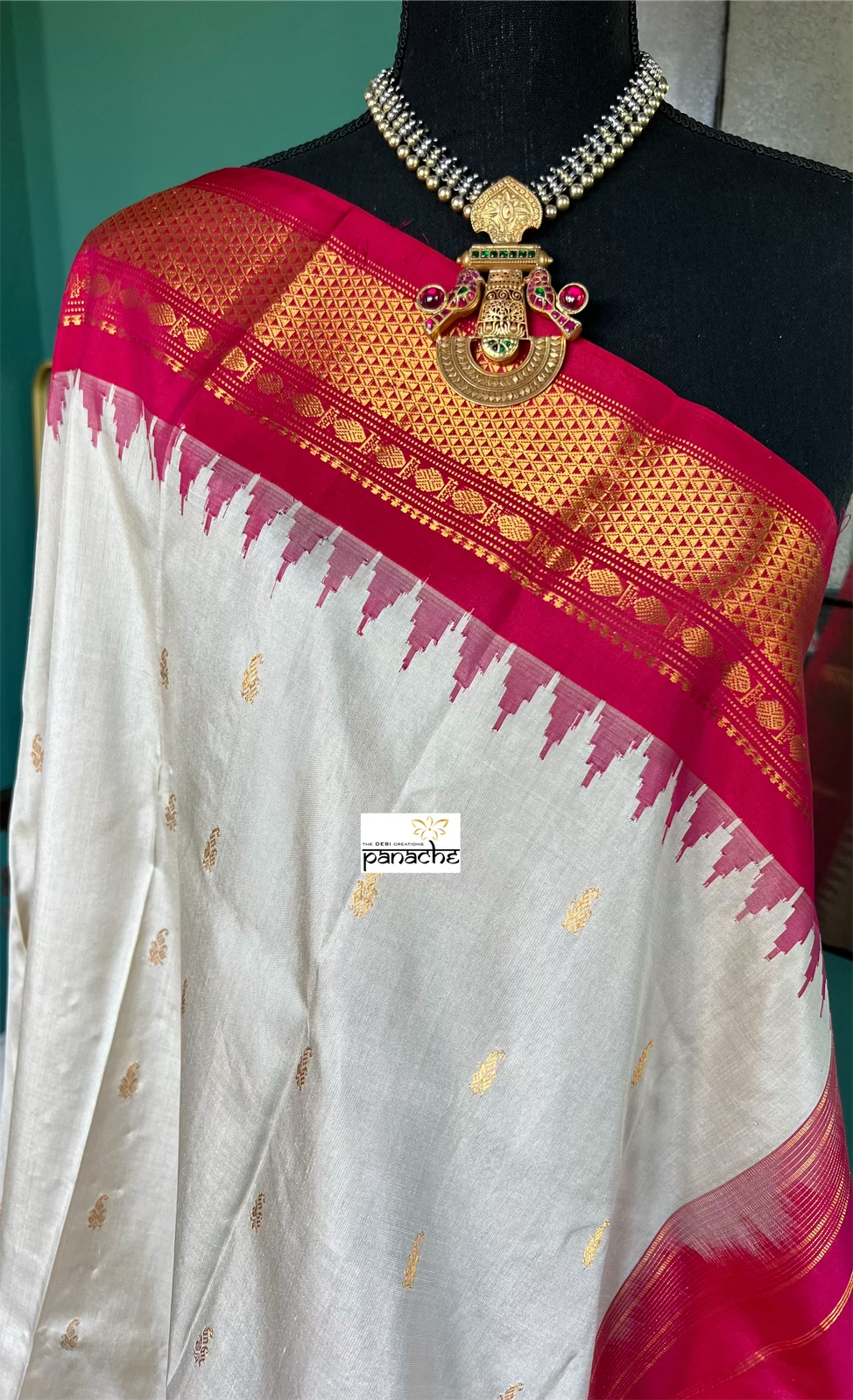Pure Silk Gadwal - Grey Beige Raspberry Pink