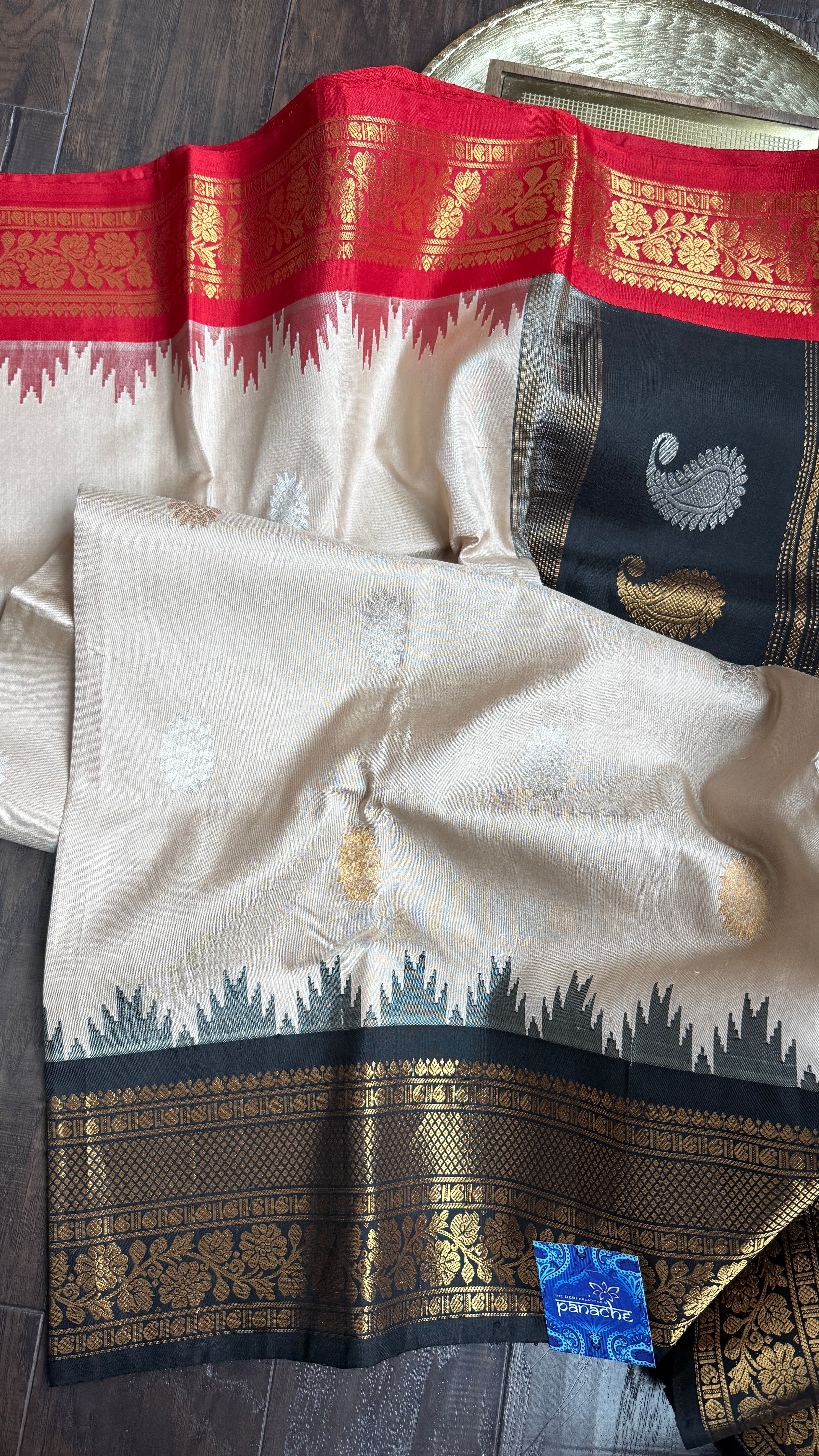 Pure Silk Gadwal - Tan Red Black Ganga Yamuna