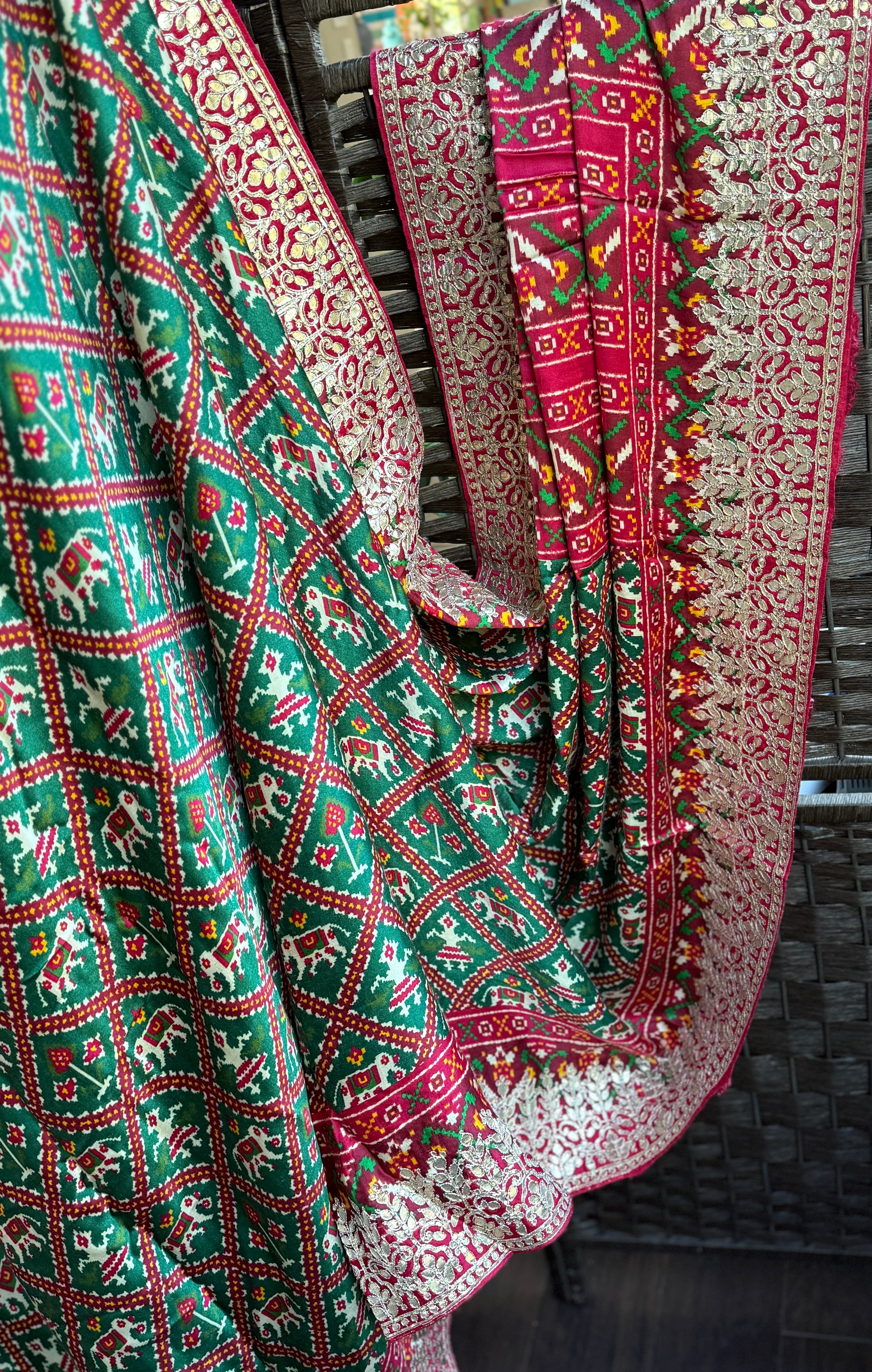 Designer Satin Maslin Silk - Green Red Patola Print