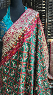 Designer Satin Maslin Silk - Green Red Patola Print