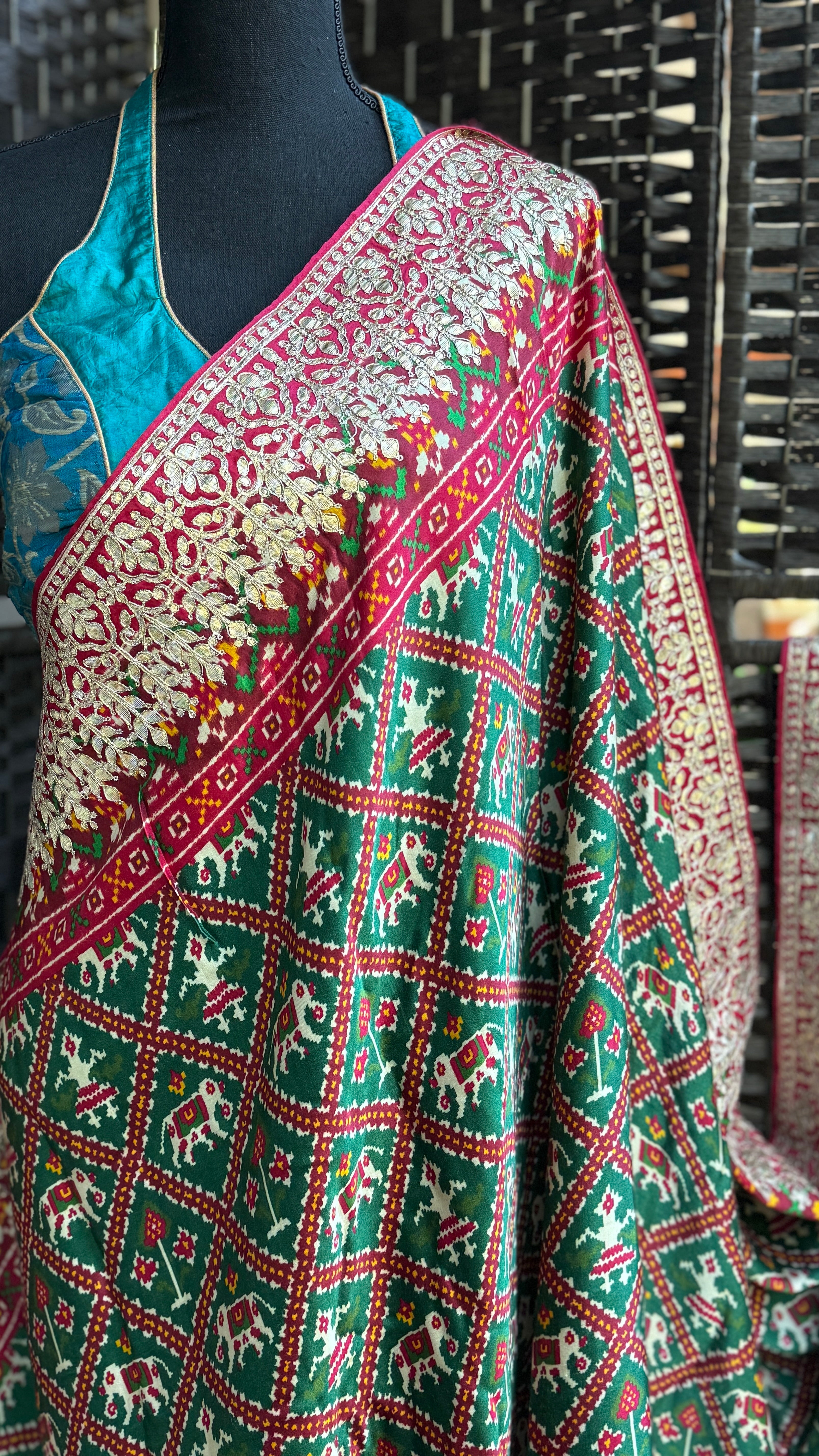 Designer Satin Maslin Silk - Green Red Patola Print