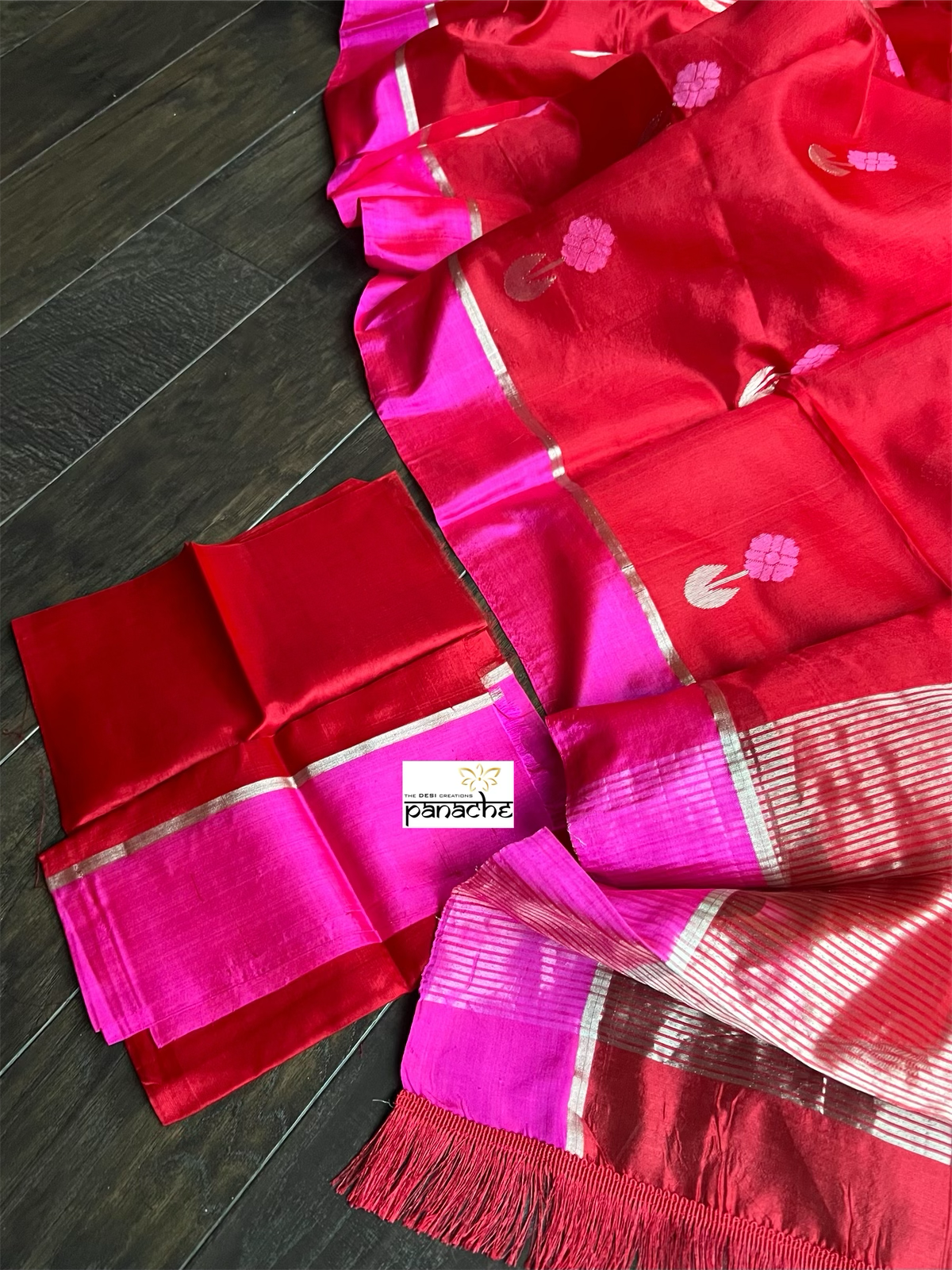 Pure Chanderi Pattu Silk - Red Magenta Pink Iknaliya woven