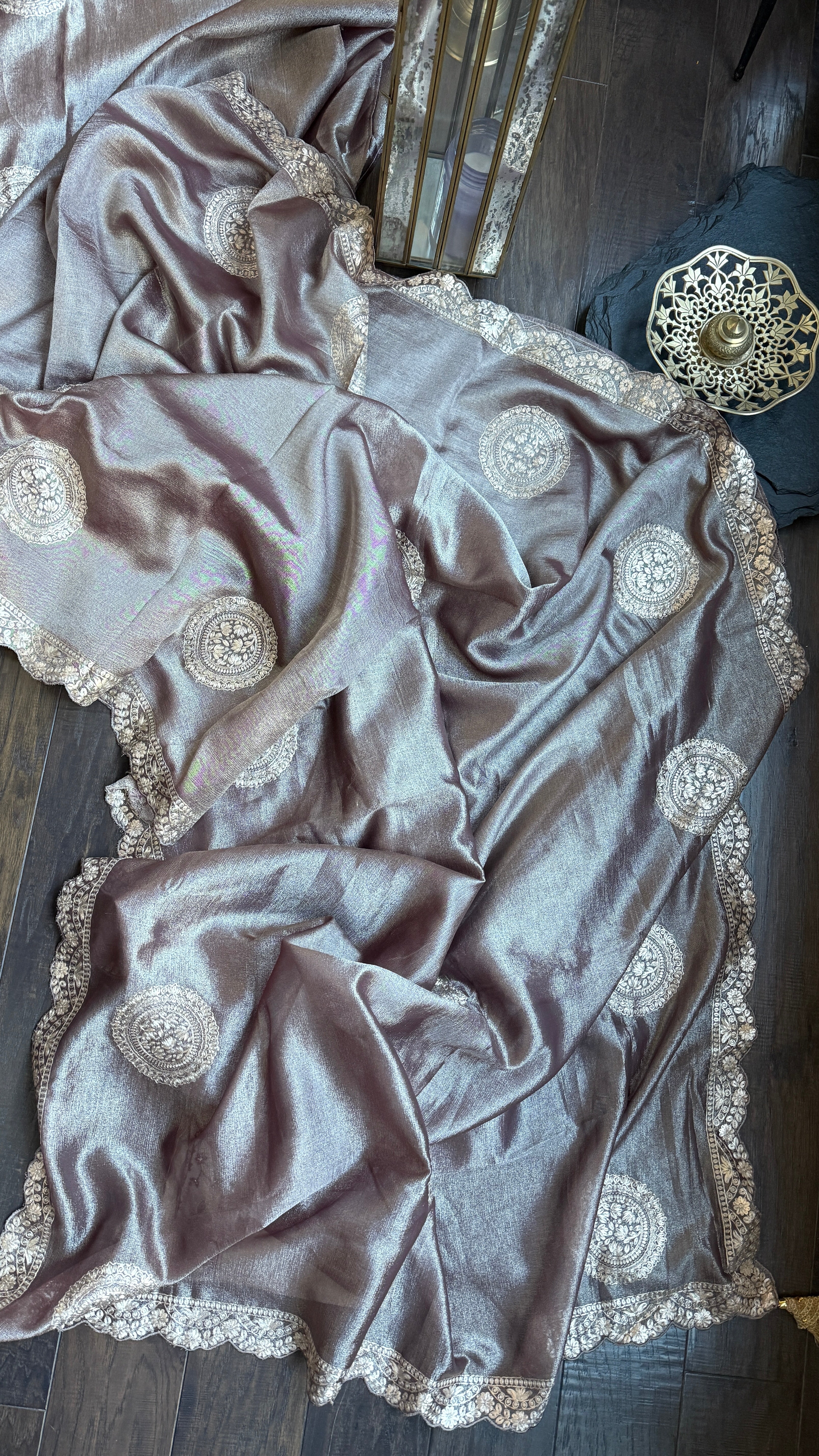 Designer Crushed Tissue Georgette - Brown Hand Pitta Work