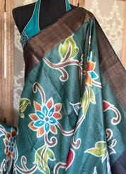 Pen Kalamkari Tussar Silk - Teal Hand-painted