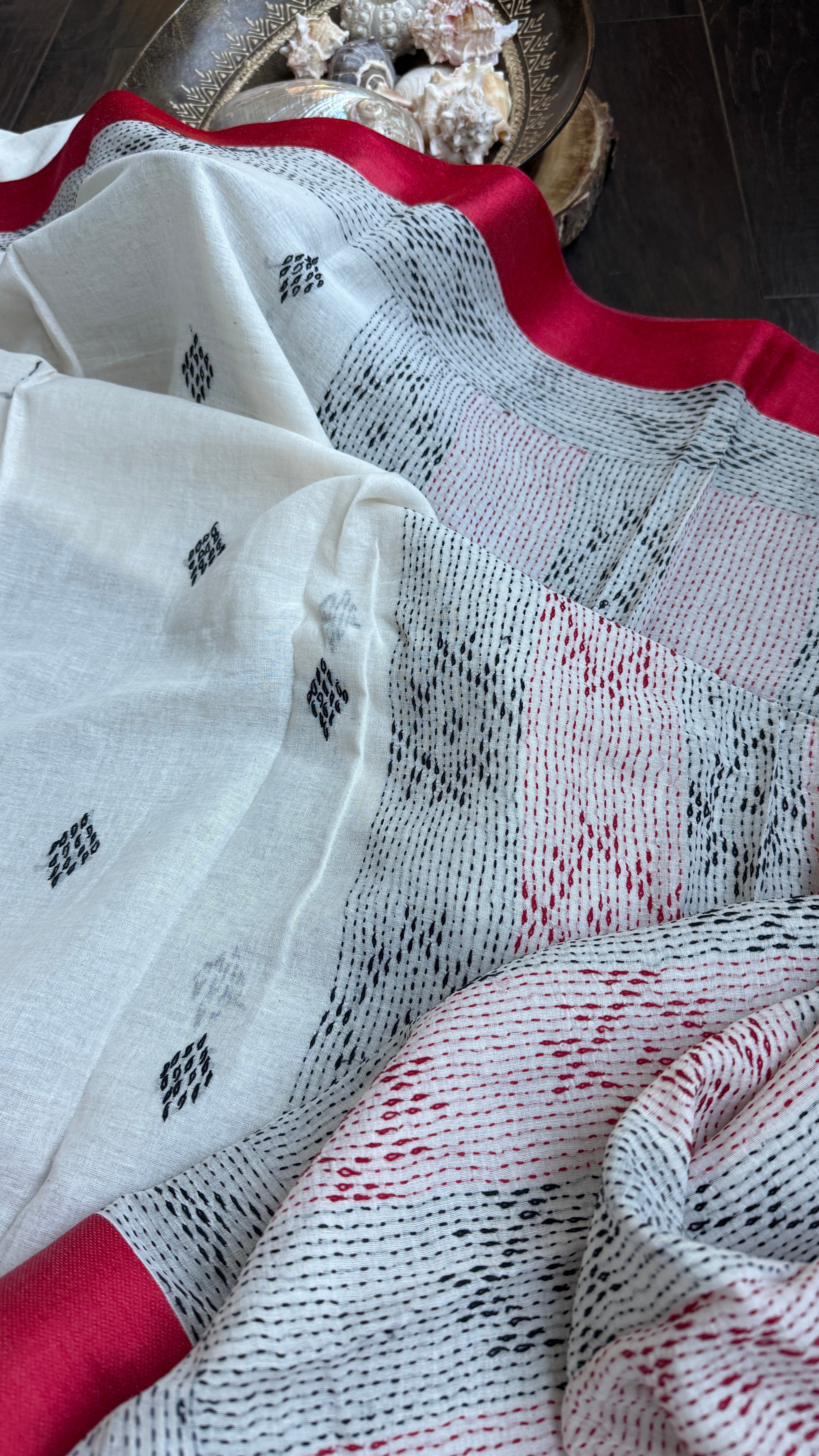Pure Khadi Cotton Hand Kantha - White Red
