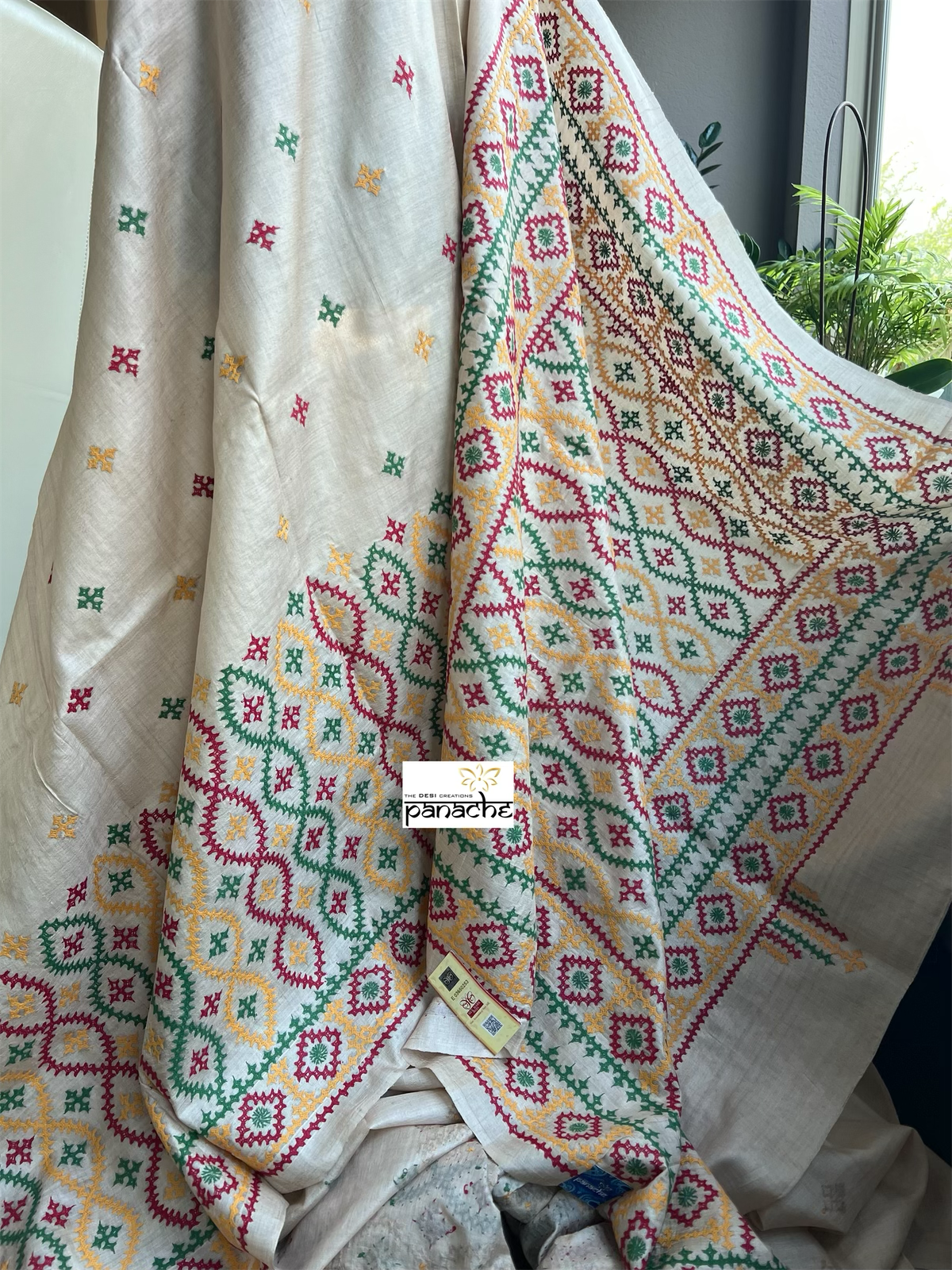 Pure Tussar Silk Gujrati Stitch - Tussar Color Green Red