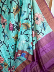 Pen Kalamkari - Aqua Blue Tussar Silk