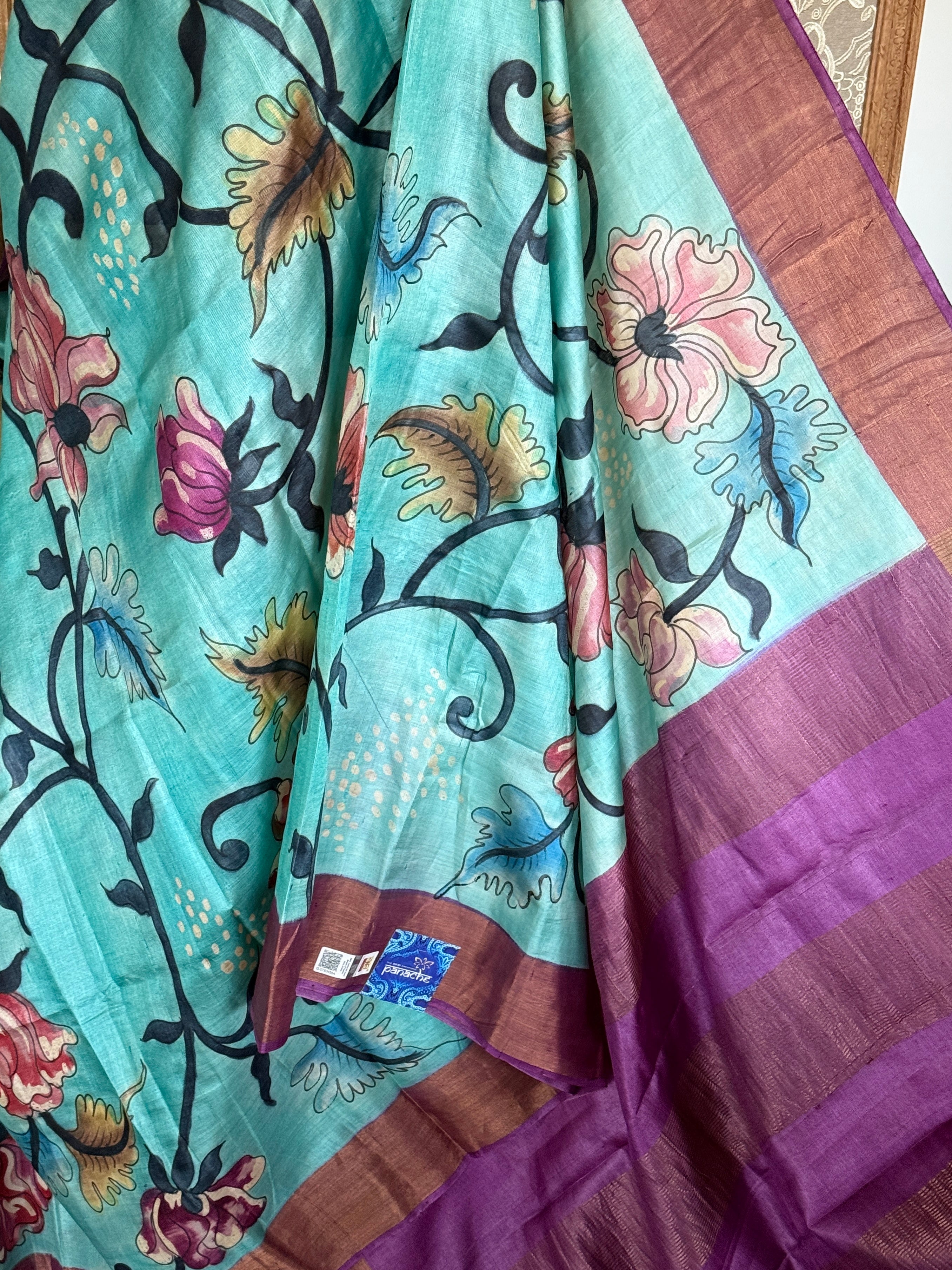 Pen Kalamkari - Aqua Blue Tussar Silk