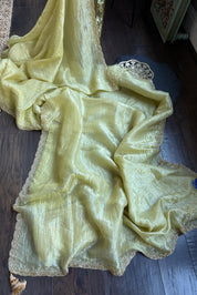 Designer Crushed Tissue Silk - Light Pista Embroidered