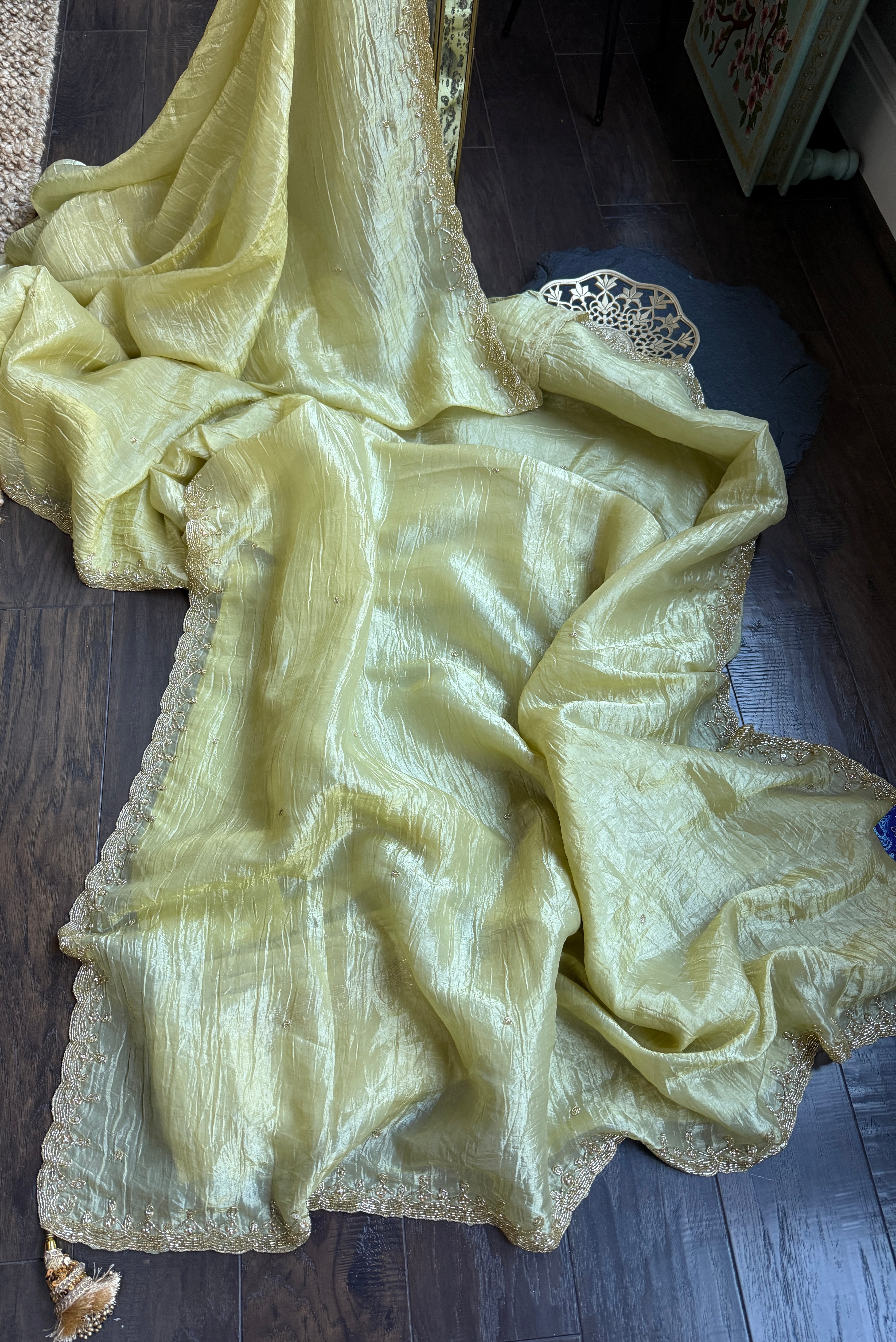 Designer Crushed Tissue Silk - Light Pista Embroidered