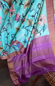 Pen Kalamkari - Aqua Blue Tussar Silk
