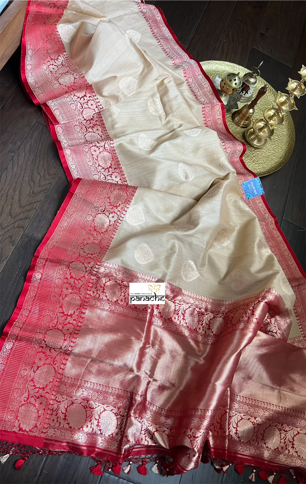 Tussar Silk Banarasi - Tan Beige Red