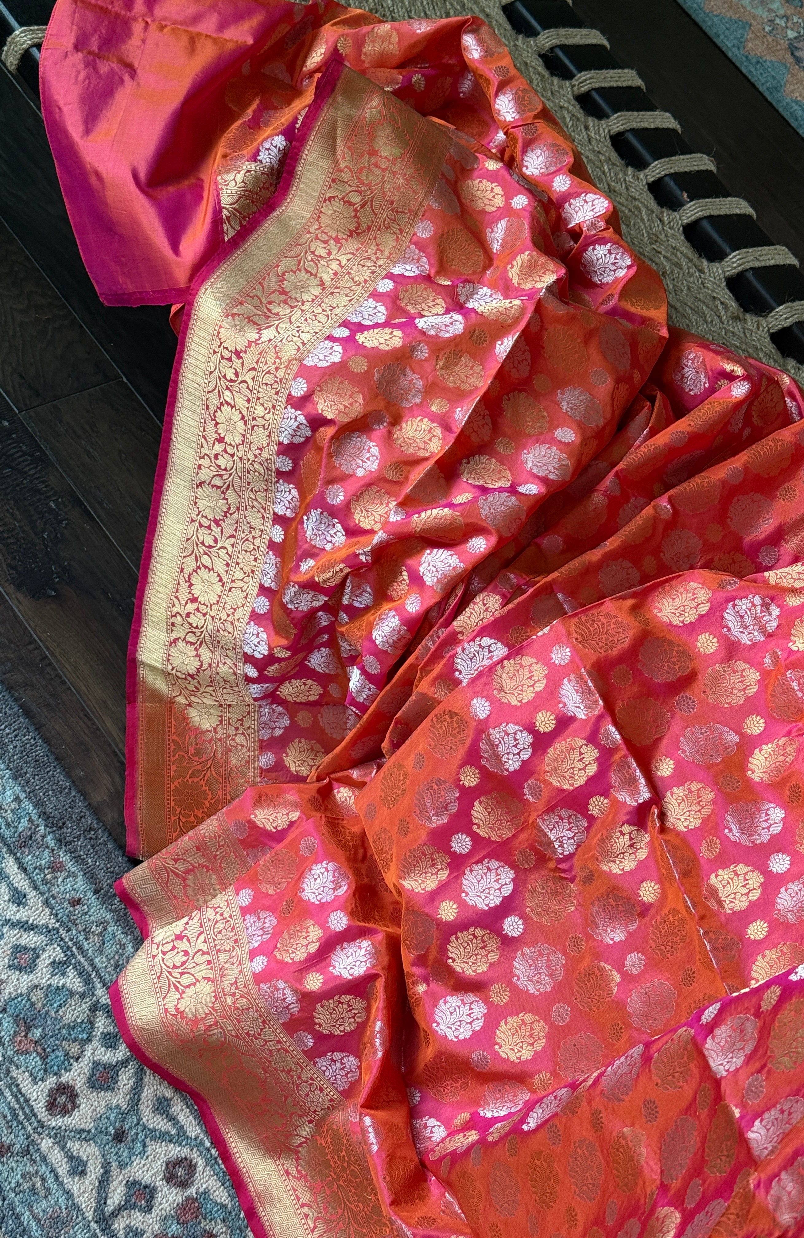 Pure Silk Banarasi - Pink Orange Dual shaded Antique Zari