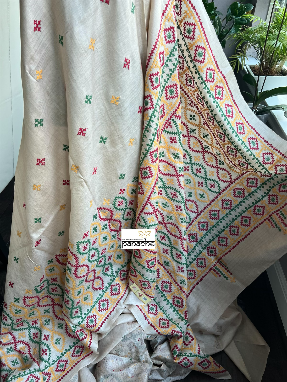 Pure Tussar Silk Gujrati Stitch - Tussar Color Green Red