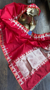 Pure Chanderi Pattu Silk - Red Silver Zari