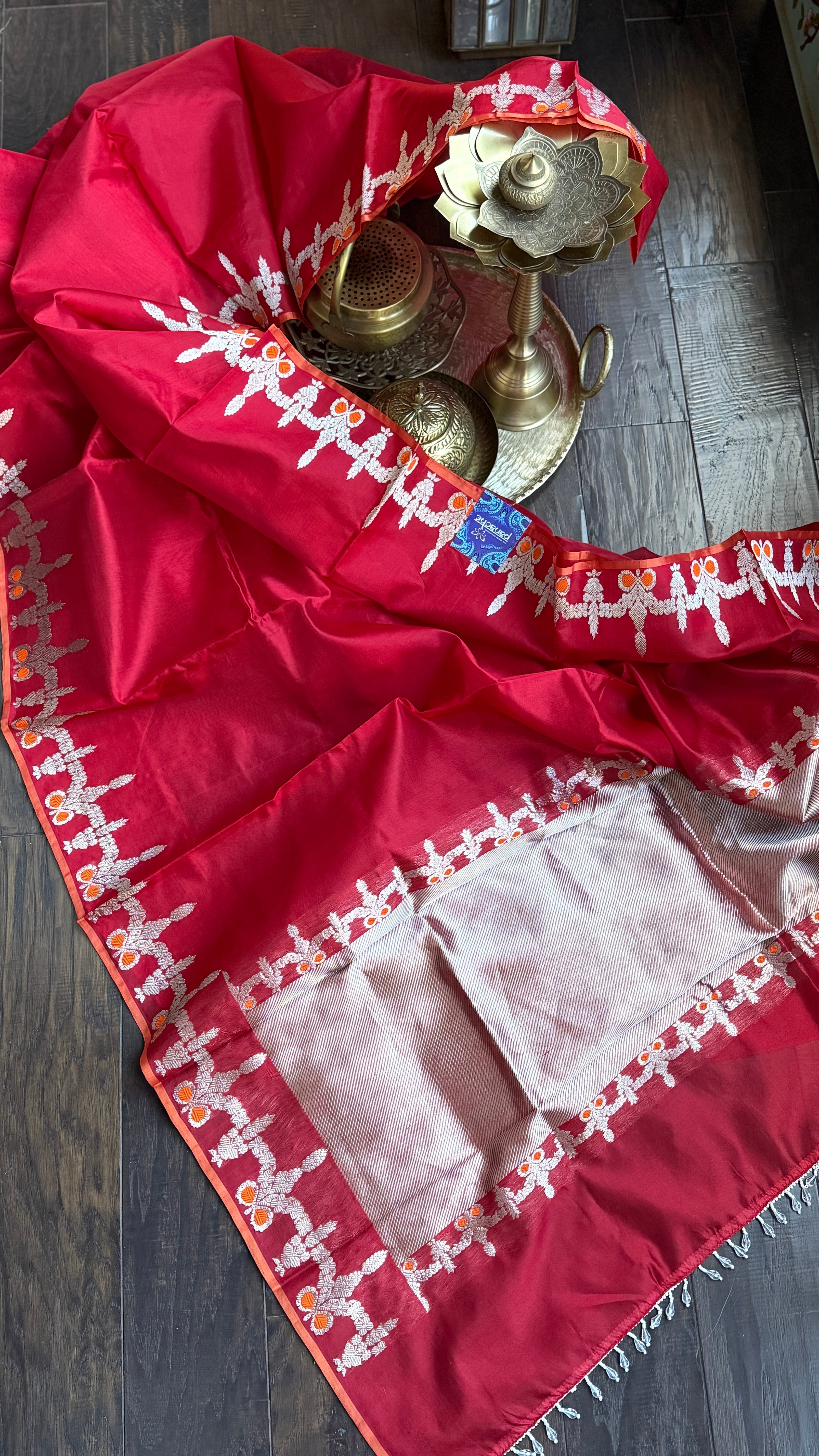Pure Chanderi Pattu Silk - Red Silver Zari