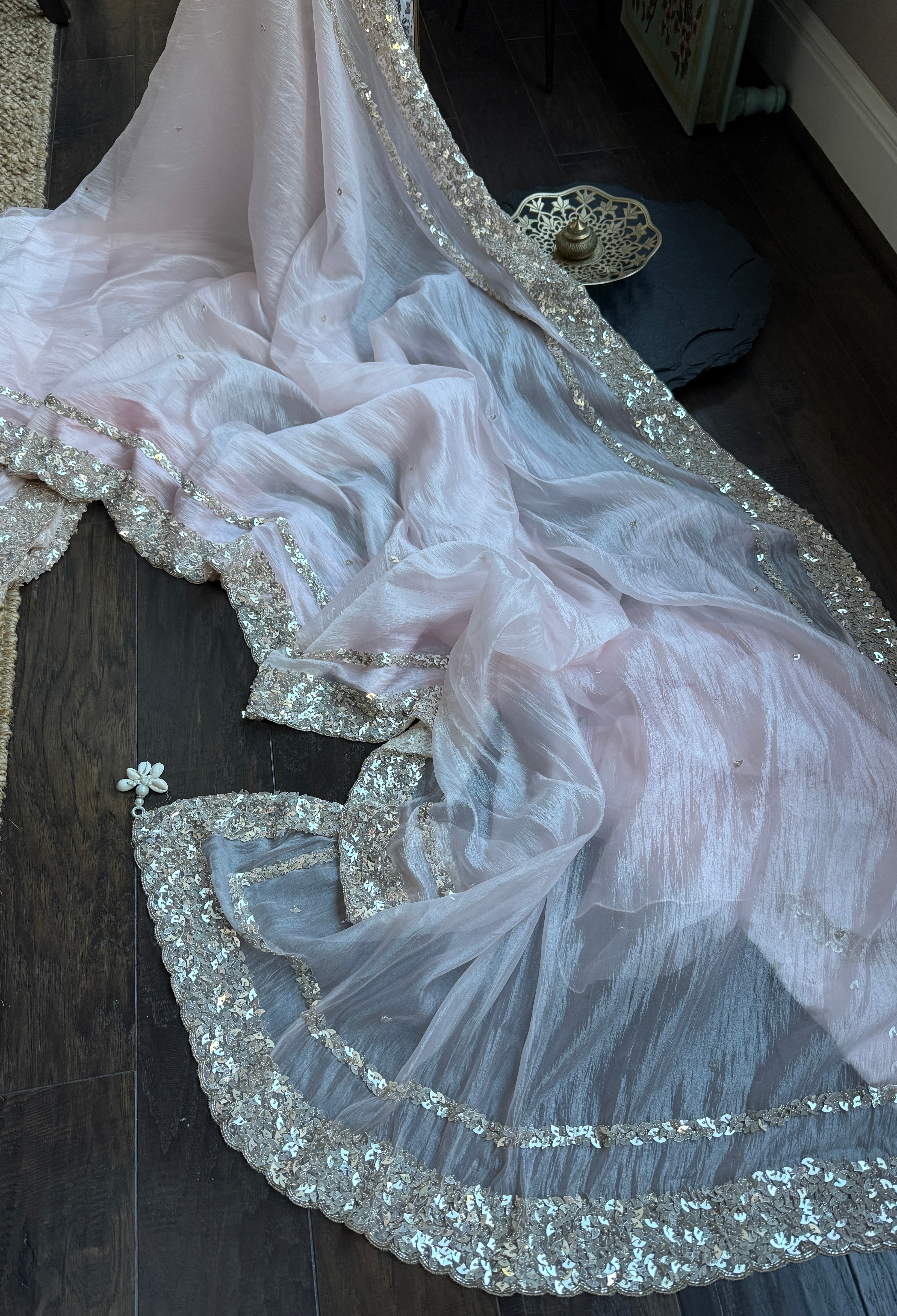 Designer Crushed Chiffon - Baby Pink Sequin Hand Work