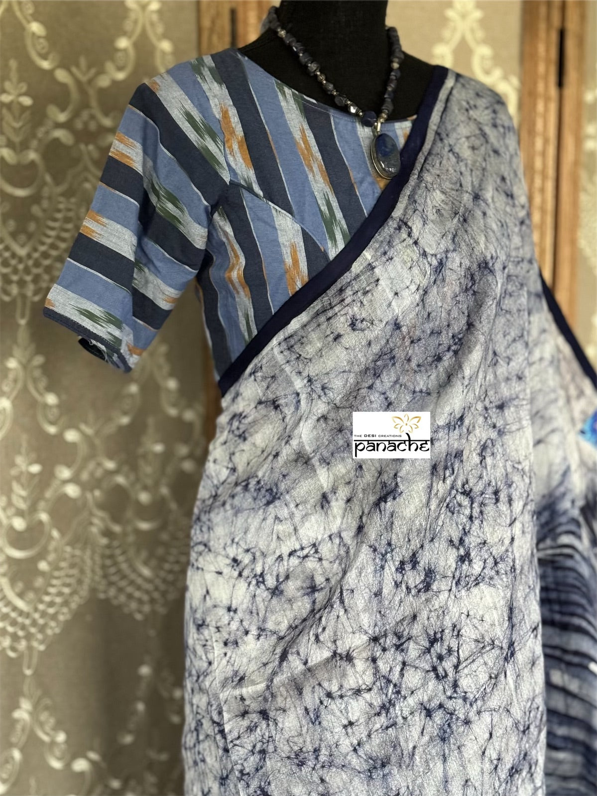 Designer Cotton Blouse - Light Dark Blue Ikat