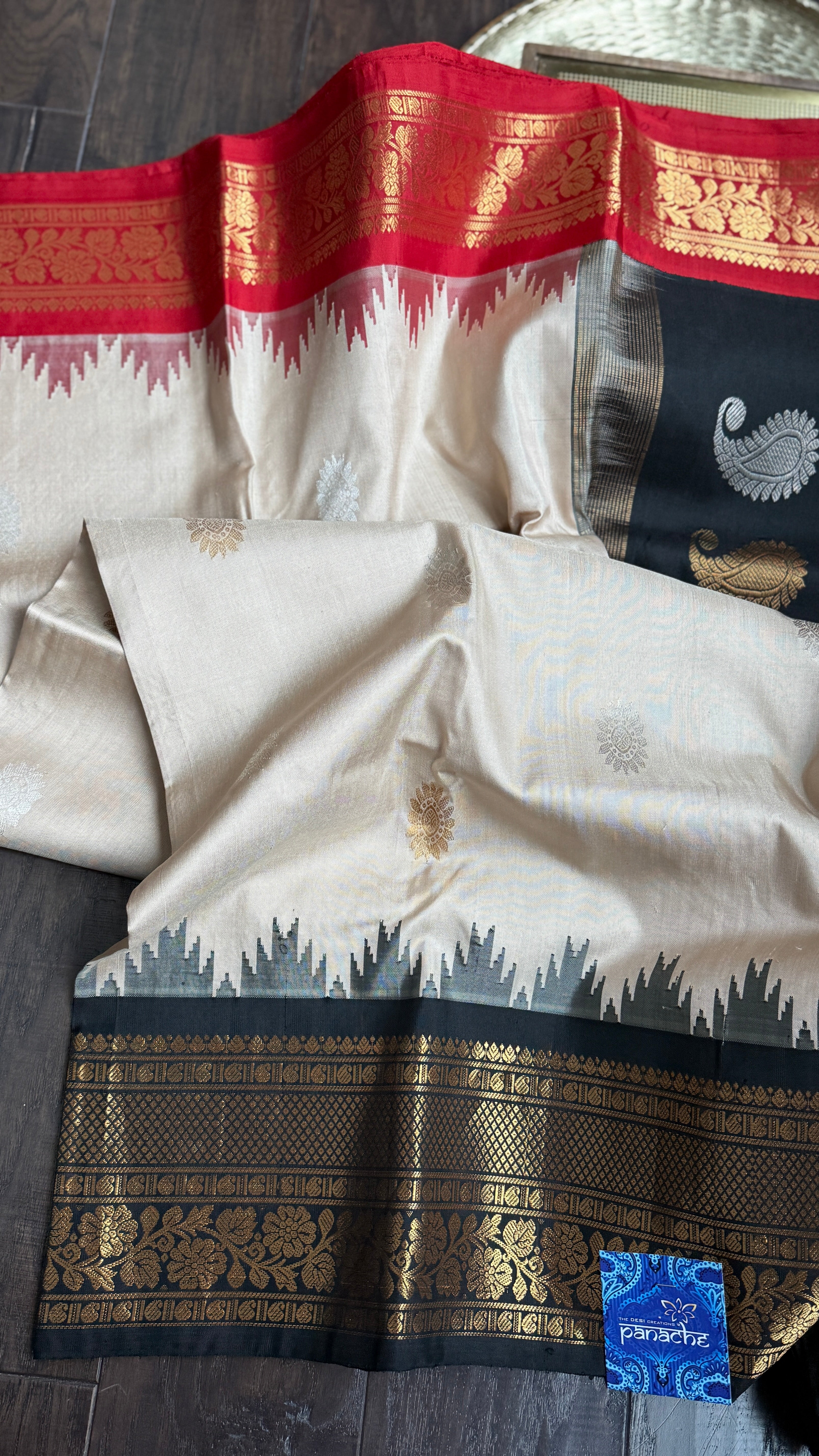 Pure Silk Gadwal - Tan Red Black Ganga Yamuna