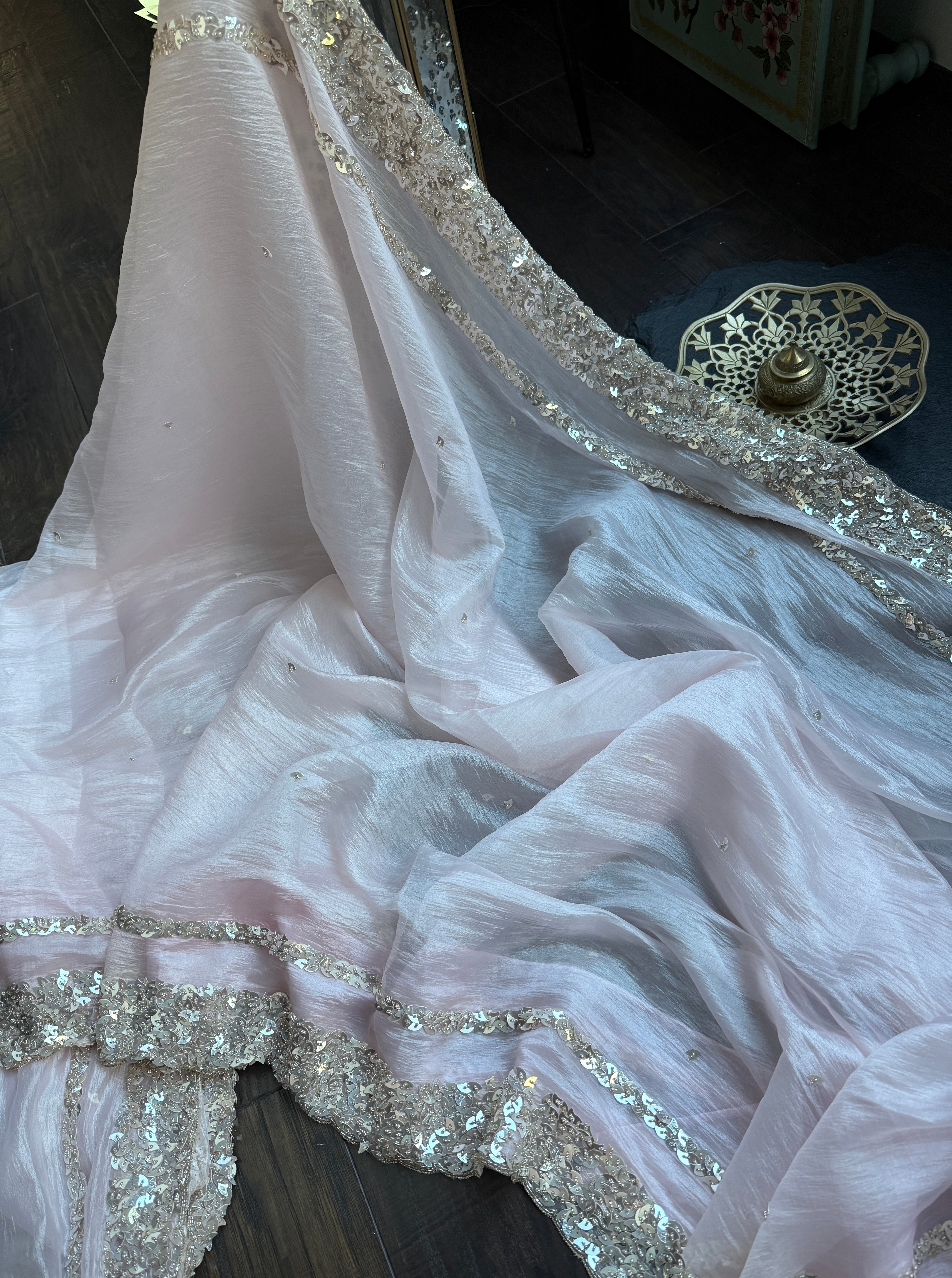 Designer Crushed Chiffon - Baby Pink Sequin Hand Work