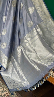 Pure Katan Silk Banarasi - Bluish Grey Meenakari Kadwa