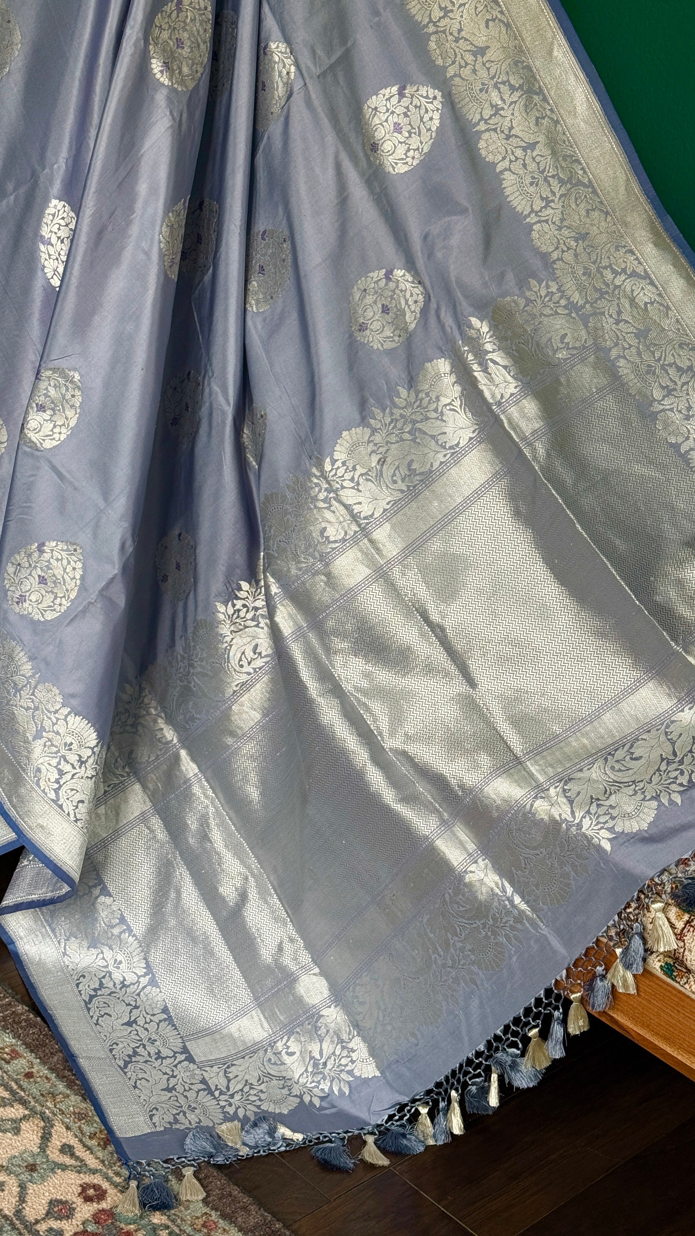 Pure Katan Silk Banarasi - Bluish Grey Meenakari Kadwa